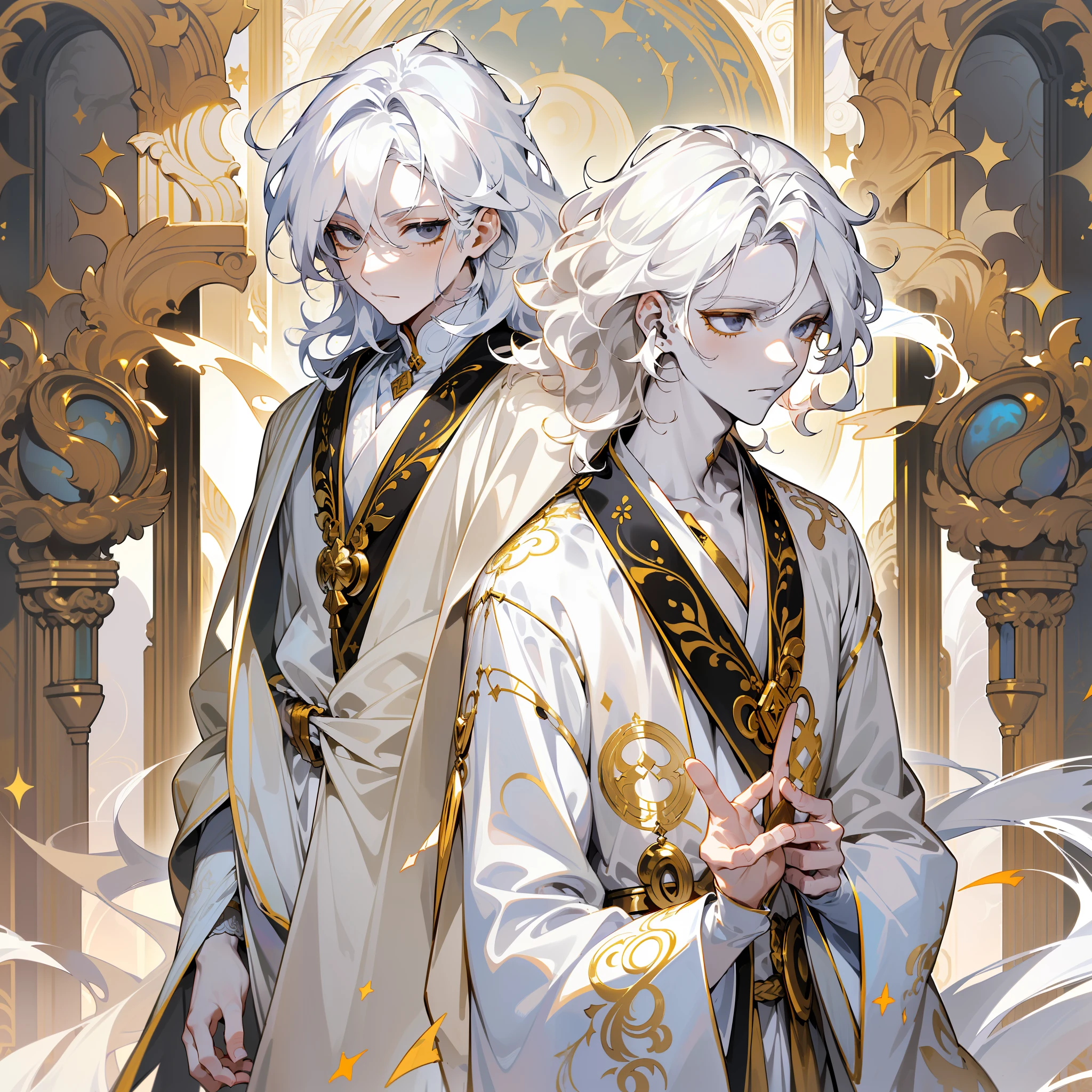 two boys, (((twins))), ((identical twins)), (((male))), (slim body), (((flat chest))), (((white colored skin))), ((porcelain skin)), ((marble skin)), (((white-skinned))), (((white skin))), ((very pale skin)), (((black colored eyes))), (((black eyes))), (((white colored hair))), (((white hair))), ((long hair)), (((poofy hair))), (fluffy hair), ((wavy hair)), (((fantasy style))), (wearing long fantasy robes), (flowy robes), (long robe), ((wearing similar clothes)), (matching robes), (gold colored lace), (christian inspired), ((fantasy patterns on clothes)), ((magical patterns)), warm light, inside a fantasy temple, ((identical hair)), ((identical faces)), looking extremely similar, (male faces), covered up, stars decoration, sun moon decoration, (((both boys have white colored skin like marble))), ((both boys are white-skinned))
