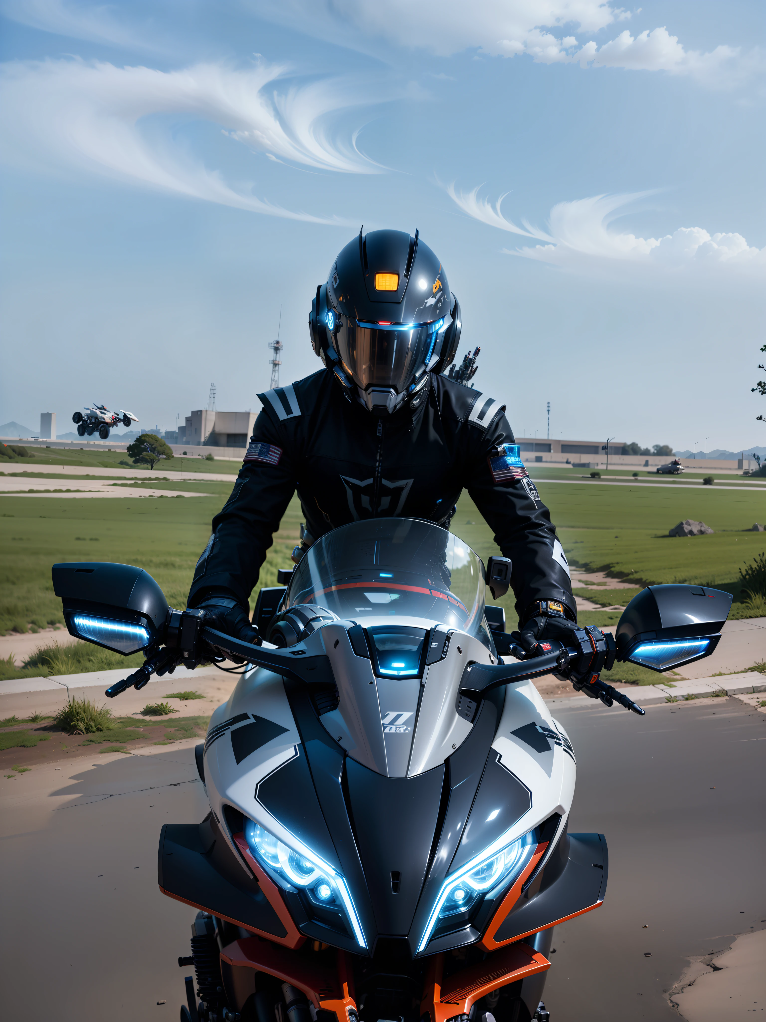 Strong and handsome full body mecha cyber handsome warrior, white cyber mechanical motorcycle, high-tech black high-tech helmet, Nousr, biomechanics, MSHN robot man, high-tech helmet, surreal, steel, intricate design, crazy details, fine details, extremely clear lines, cinematic lighting, photo realistic, detailed masterpiece