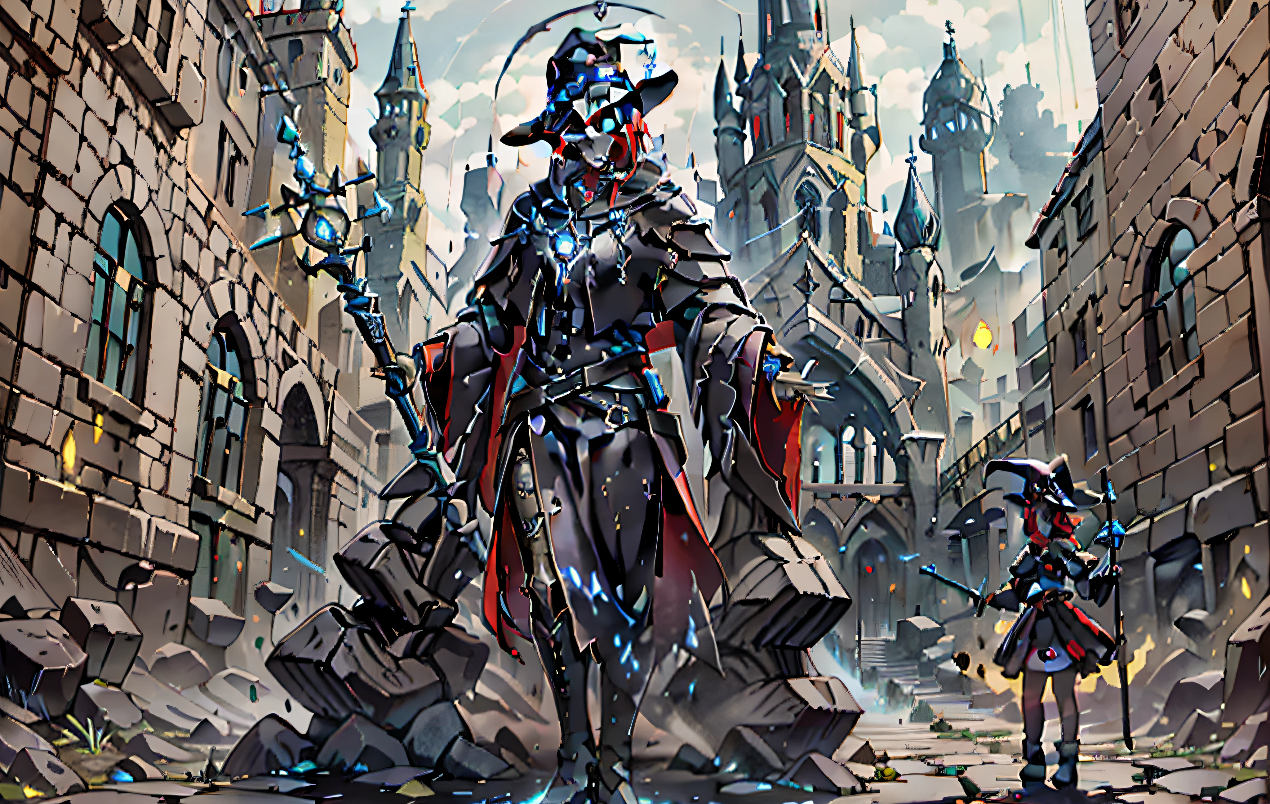 goth style,A red-haired and black-pupiled witch with a pure face,Gorgeous black magic robes,With huge mysterious creatures and eerie castles in the background,When it rains, it feels sacred,Characters take up one-sixth of the picture,holding a magical staff,The contrast between light and shadow is obvious,Grandiose scenes and an epic feel,Textured skin,high detal,A high resolution,tmasterpiece。