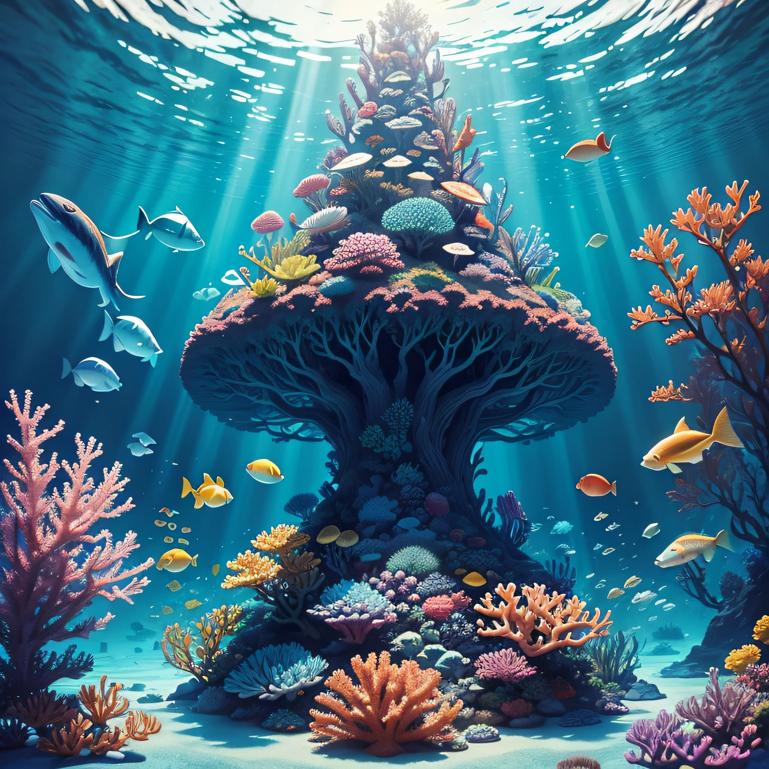 As a master painter, envisioning a captivating underwater scene filled with stunning marine life is an exhilarating experience. I would start by painting a vivid shade of turquoise as the background, representing the pristine waters of the ocean.
Next, I would focus on bringing life to the incredible variety of marine creatures, starting with the diverse coral reefs. To capture the viewer's eye, these intricate formations would be painted in a spectrum of vibrant hues, ranging from baby pink to bright yellow. The interweaving nature of the corals would be portrayed, their colors complementing each other in a mesmerizing display.
To complement the colorful coral, a plethora of diverse marine animals could be rendered. These could include brilliant schools of fish, each with different shapes, sizes and colors – from the regal angelfish to the dazzling neon tetras. The underwater scenery could also feature exotic animals, like graceful sea turtles, electric rays floating in the current, and schools of silvery mackerel.
Ambient light would be included in the painting, casting shadows of the fish and the corals, conveying a sense of movement. It would be more elaborate than just a generic lighting effect, with shafts of sunlight peering through the sea surface and refracting off the scales of the fish.
Finally, the painting would represent the vastness of the ocean, with a sense of depth in the water created through the perspective of the plants, rocks, and animals. The result would be a stunningly lifelike and awe-inspiring depiction of an underwater wonderland, a magical, unforgettable all-encompassing feast for the eyes. --auto