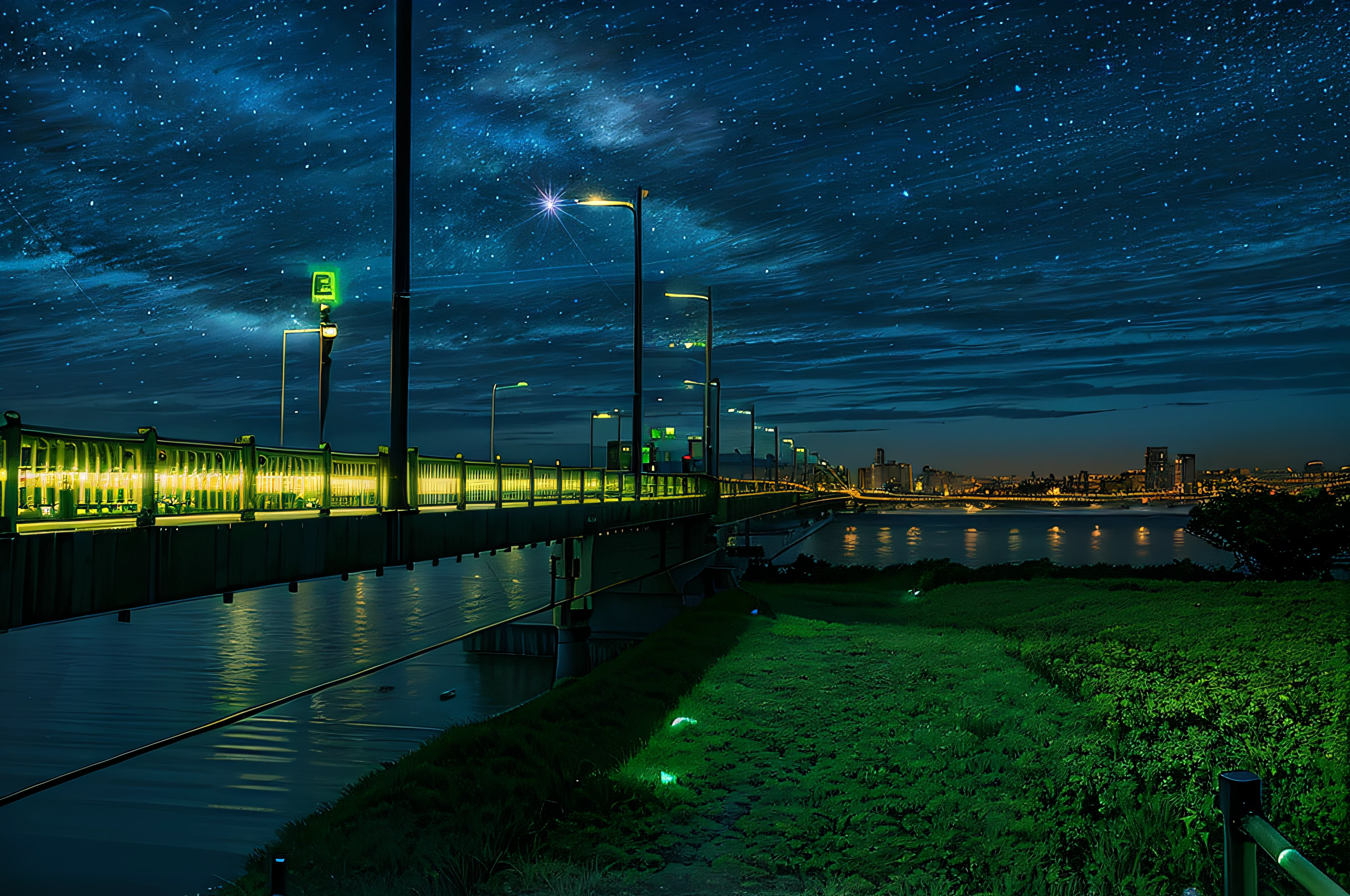 Night view of the bridge with green traffic lights and city in the background, Prolonged exposure outside the city, scenic view at night, City LED Light, LED lights around the location, taken with sony a7r camera, Photos taken at the Blue Hour, with glowing lights at night, Light in the distance, Street lighting, Bright high-tech light