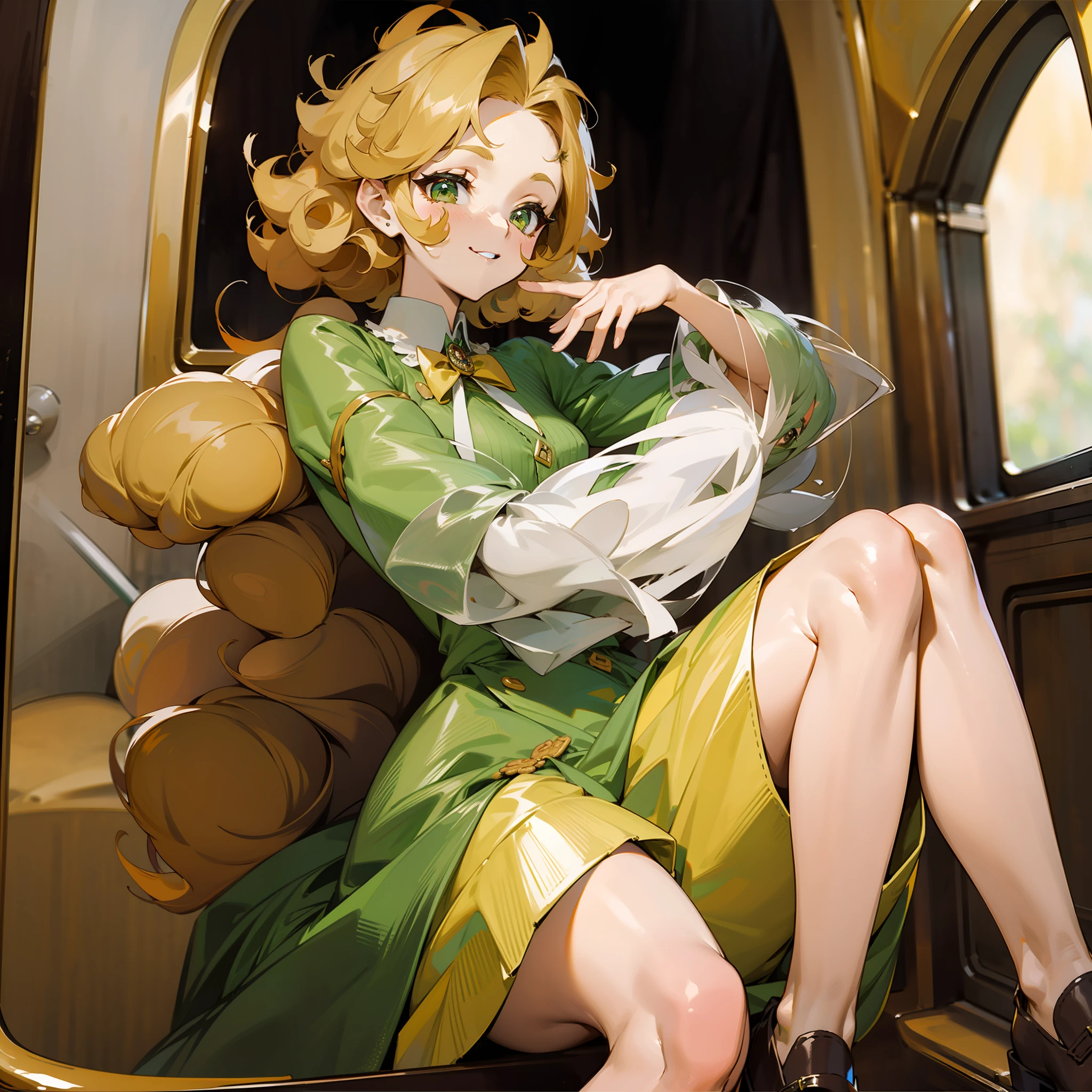 HighestQuali，The is very detailed，Need，One Little Girl，Curly hair with yellow bread，Wear a green cropped puffy skirt，White knee-length stockings，British-style small leather shoes，greene eyes，Put one hand on your forehead and look into the distance，The other hand is stretched back，Stand in the carriage，Small pastries next to it，laughingly，full bodyesbian，One guy