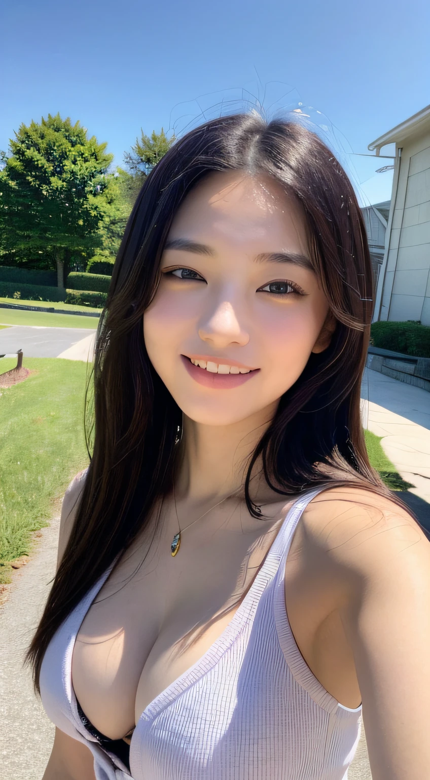 ((top-quality、8K、masterpiece:1.3))Capture Japan schoolgirl spending time on school grounds。She is in uniform。Her beautiful face is completely detailed。Her eyes were fully open.、Even-eyed、Perfect iris、Perfect lips、Natural smile、flawless skin、no moles。Her style is perfect and、、Features soft breasts and exposed cleavage。This scene was shot in top quality 8K、Presented as ultra-realistic photos。 --ar 16:9 - V5.1 --Style raw --Q 2 --S 750