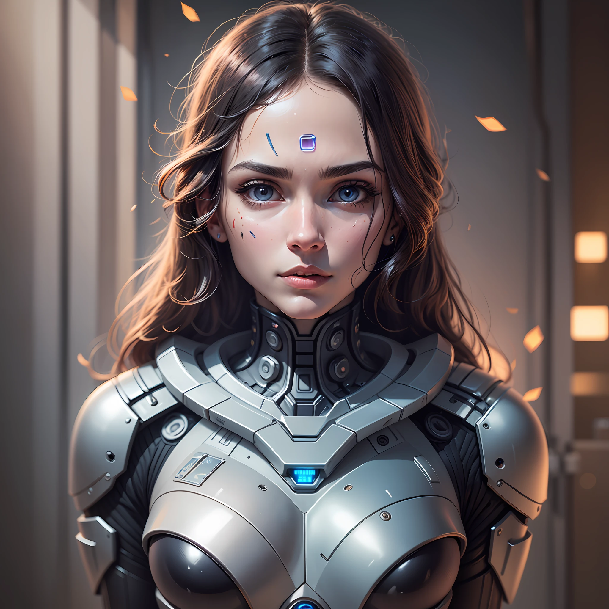 1 Woman Android Robotic Human Face Body Robor, Guerreira close up face, fundo hologramas luzes RGB, obra prima 8k