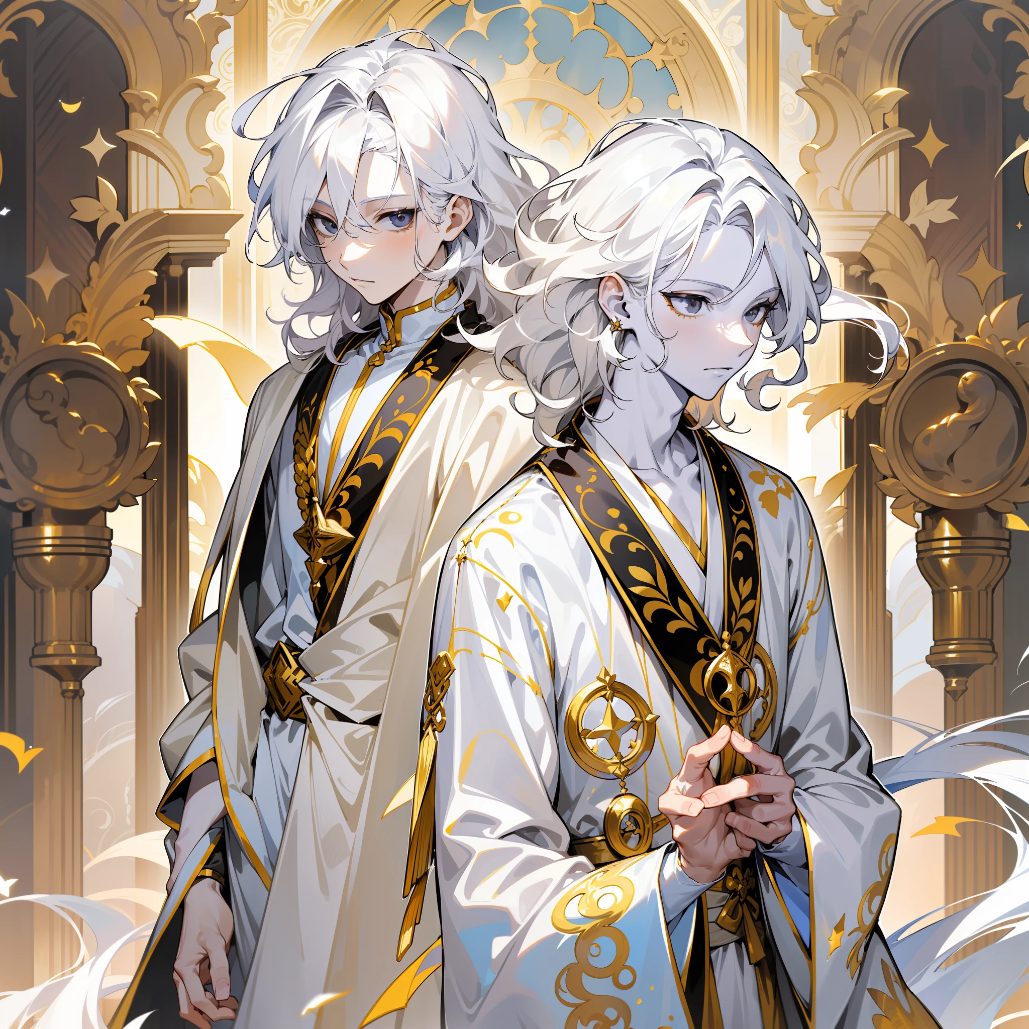 two boys, (((twins))), ((identical twins)), (((male))), (slim body), (((flat chest))), (((white colored skin))), ((porcelain skin)), ((marble skin)), (((white-skinned))), (((white skin))), ((very pale skin)), (((black colored eyes))), (((black eyes))), (((white colored hair))), (((white hair))), ((long hair)), (((poofy hair))), (fluffy hair), ((wavy hair)), (((fantasy style))), (wearing long fantasy robes), (flowy robes), (long robe), ((wearing similar clothes)), (matching robes), (gold colored lace), (christian inspired), ((fantasy patterns on clothes)), ((magical patterns)), warm light, inside a fantasy temple, ((both boys have identical hair)), ((both boys have identical faces)), the two boys look extremely similar, (male faces), covered up, stars decoration, sun moon decoration, (((both boys have white colored skin like marble))), ((both boys are white-skinned)), (they both have cute faces)
