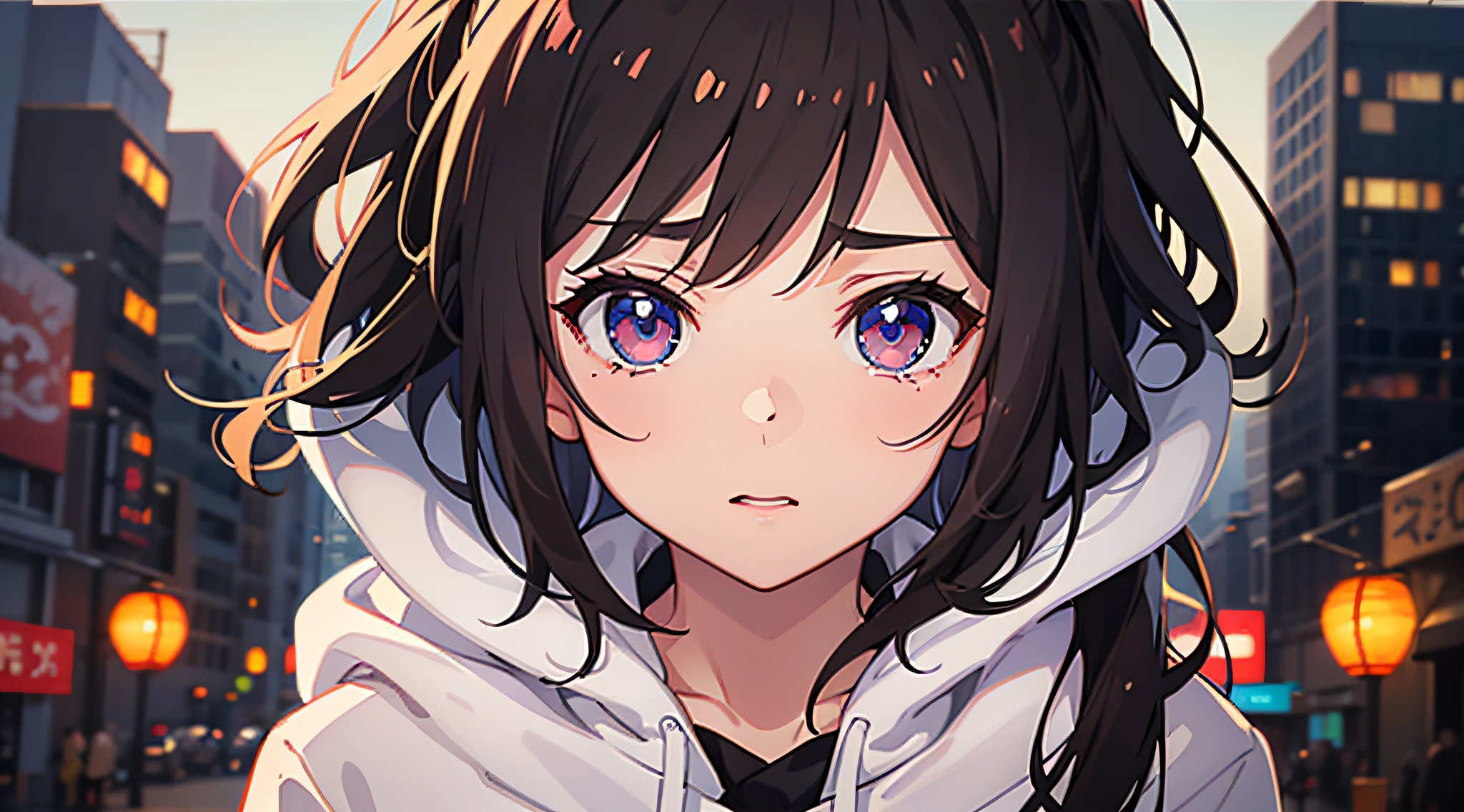 Anime girl lights on at night in the city, style of anime4 K, Anime art wallpaper 4k, 4K anime wallpaper, Anime art wallpaper 4 K, Anime art wallpaper 8 K, Anime wallpaper 4 k, Anime wallpaper 4K, black haired girl wearing hoodie, Best anime 4k konachan wallpaper, 4k manga wallpapers,blacksilk,long whitr hair,Top image quality,the detail,solo person,weeping,The upper part of the body,The background is blurred out,shadowing,neonlight,brunette color hair,teardrop,城市