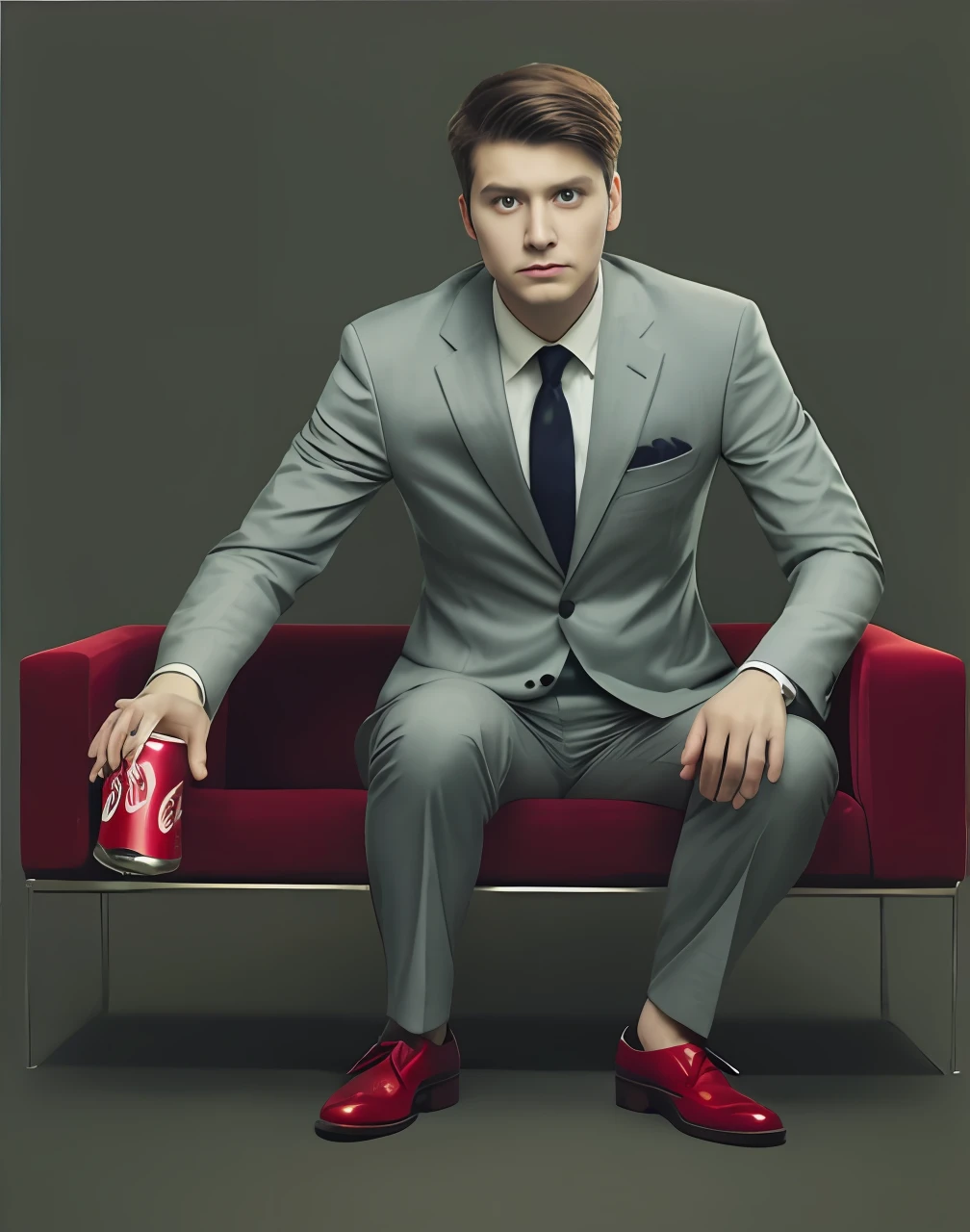 A man in a suit sits on a sofa,A can of Coke in his hand。