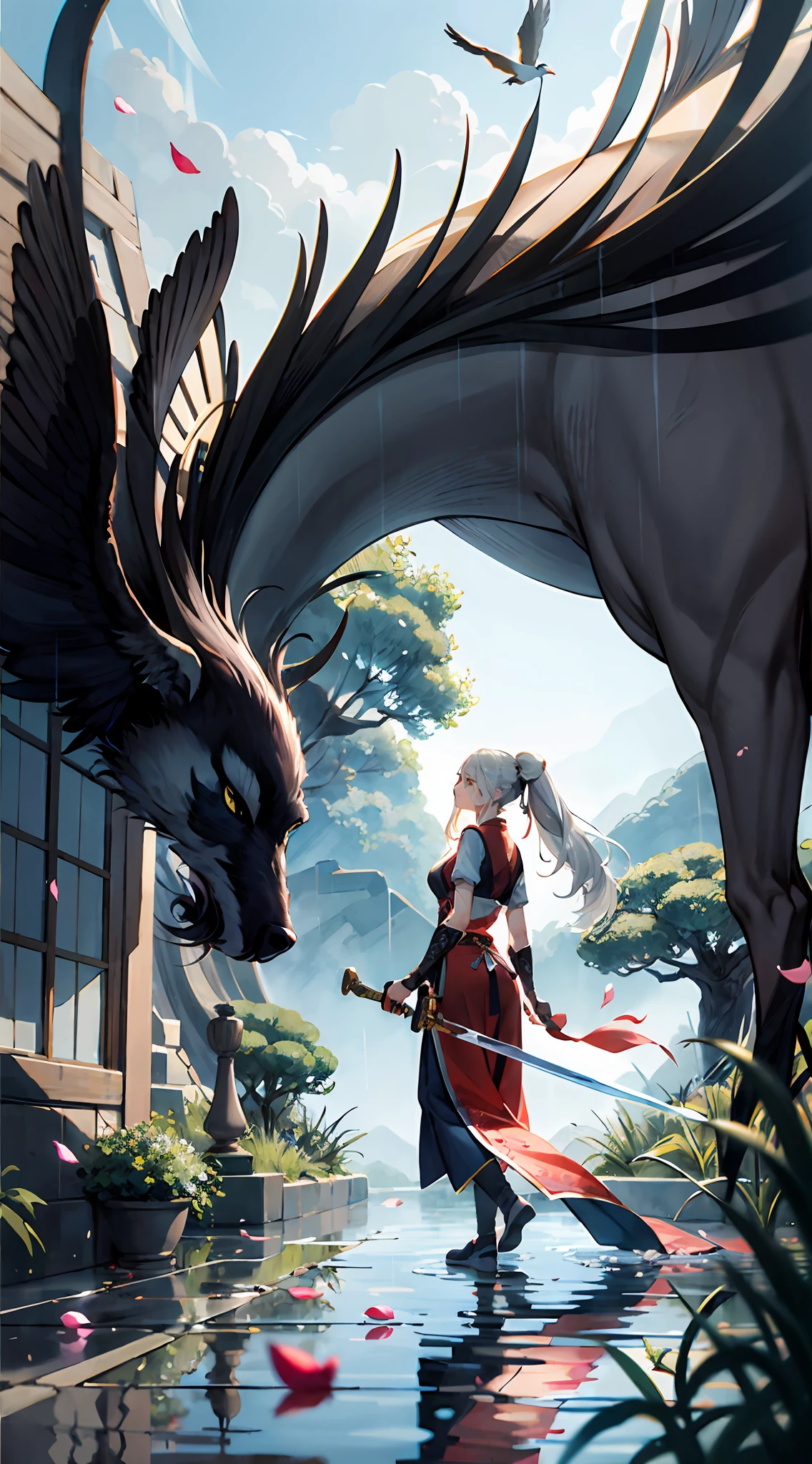 The heroine of the novel walks in the rain，with petals falling, a digital rendering by Shitao, romanticism lain, full-body wuxia, beautiful avatar picture, Wuxia, Beautiful depiction, this is beautiful, Yi Qiang and Shurak，Background image on the back，Back shadow，long whitr hair, White hair，Kizi，Open terrain，Ancient Chinese style，Single ponytail，Long sword，Xuan Xiu Immortal Realm，flat land，the woods，Birds，，The sky is gray-blue，mythological beasts，High mountains and flowing water，Two-dimensional wallpaper，aquarelle，Novel painting，Novel pictures，heroic look，the detail，2D style