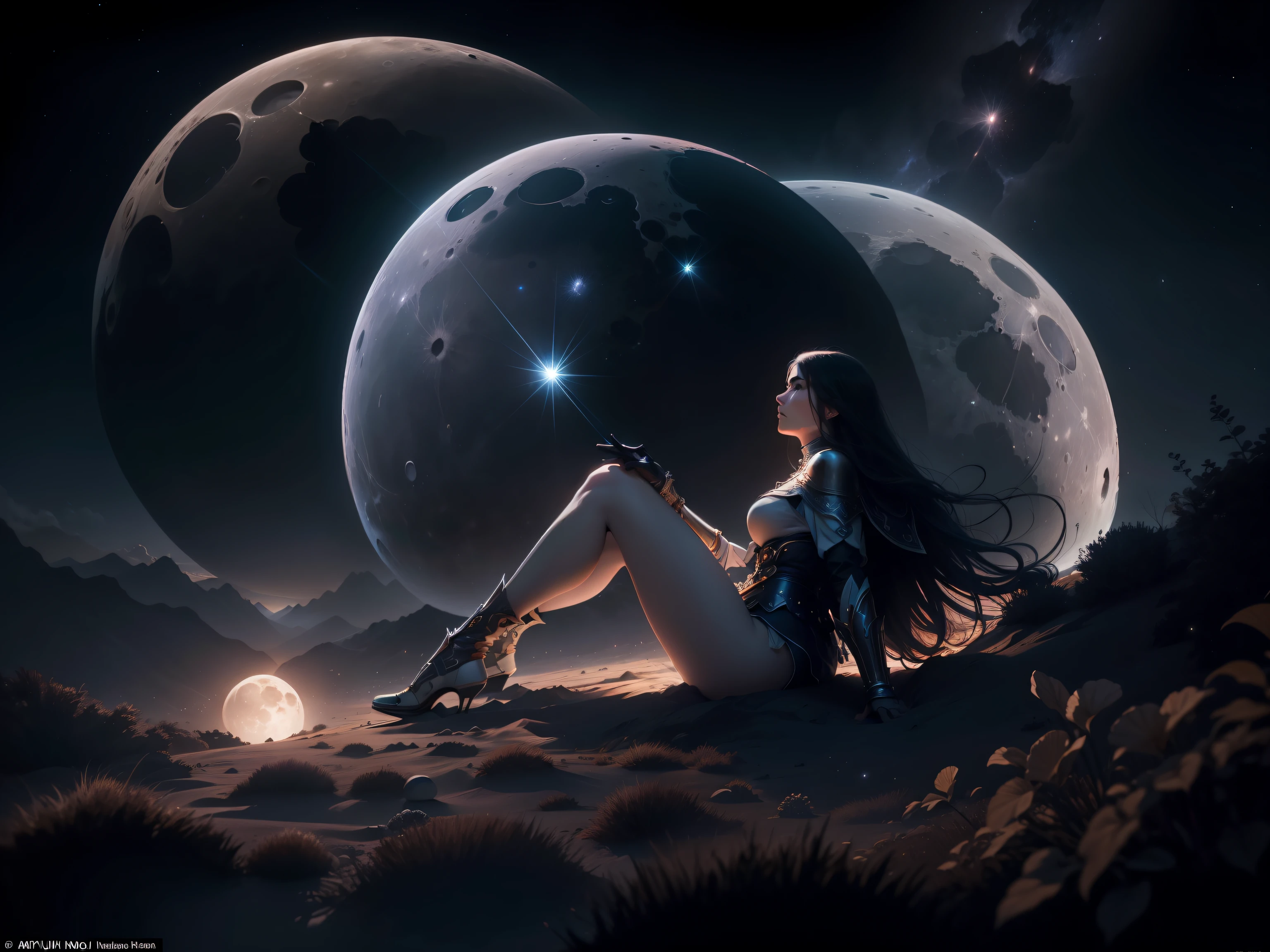 A woman looking up at the moon, The scene is an epic and grandiose vision into a space odyssey landscape planet, dynamic pose, intricate scene and very epic, volumetric lights, evoking a sense of adventure, grandeur and wonder, an intricate and highly epic masterpiece, UHD, 8K, in hyper realistic style. --auto