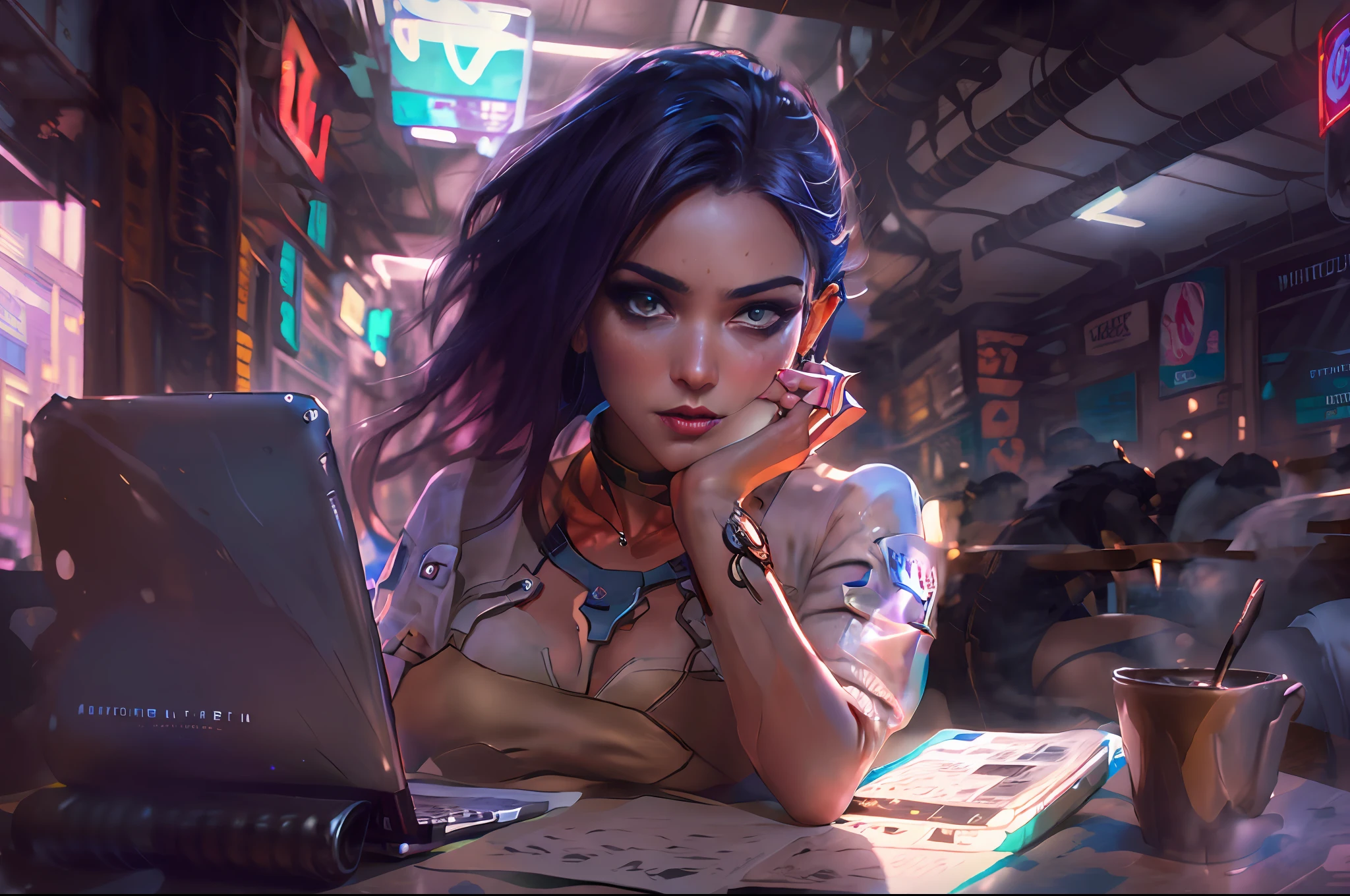 dark mood, Elegant girl brazilian brunette in urban outfit in coffee shop, looking straight at camera, working on laptop, cute fine face, rounded eyes, digital painting, fan art, pixiv, by ilya kuvshinov, katsuhiro otomo ghost-in-the-shell, magali villeneuve, artgerm, jeremy lipkin and michael garmash and rob rey slum background from rocinha