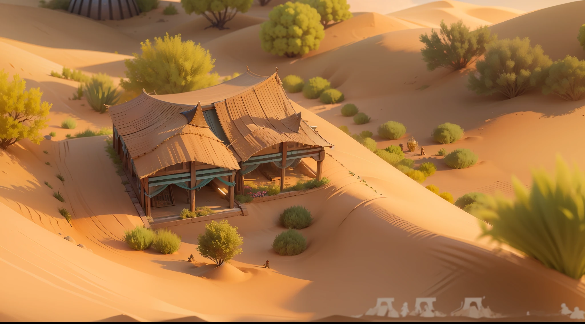 Small flat sand dunes，Small oasis，night，Warrior battle scene in the battlefield，There are a few leaves on both sides of the screen，There are a small number of flowers and plants in front of the screen，The is very detailed，best qualtiy