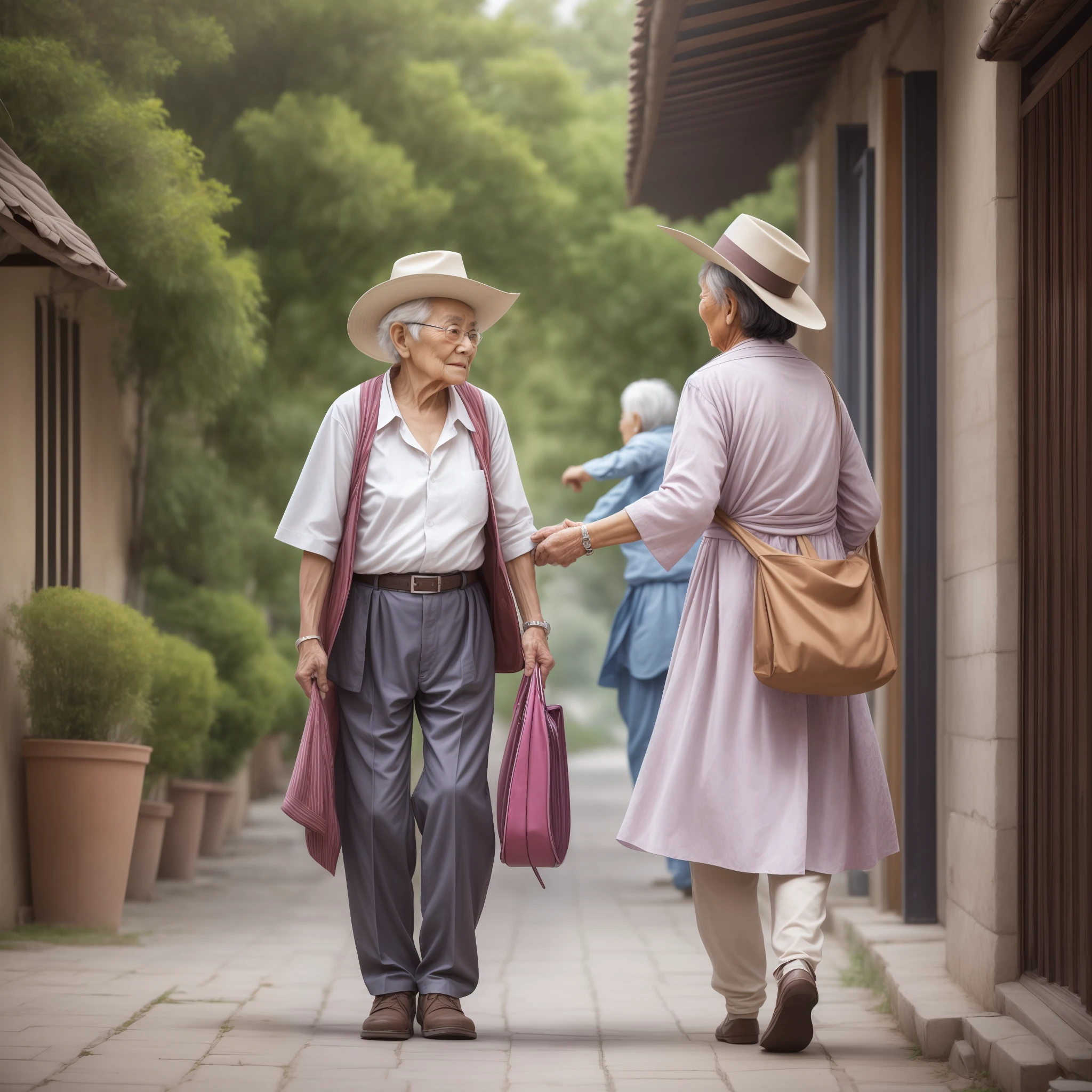 "ONE PERSON IS YOUNG THE OTHER PERSON IS OLD", two people, first person is young western and is taking care of the second person, second person is elderly, second person is a square, preserve the specific characteristics of each person, "emphasize that it is two people one young and the other old, the background environment is a square