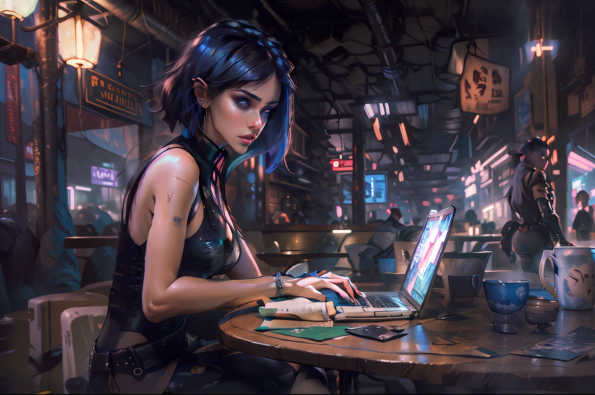 dark mood, Elegant girl brazilian brunette in urban outfit in coffee shop, looking straight at camera, working on laptop, cute fine face, rounded eyes, digital painting, fan art, pixiv, by ilya kuvshinov, katsuhiro otomo ghost-in-the-shell, magali villeneuve, artgerm, jeremy lipkin and michael garmash and rob rey slum background from rocinha