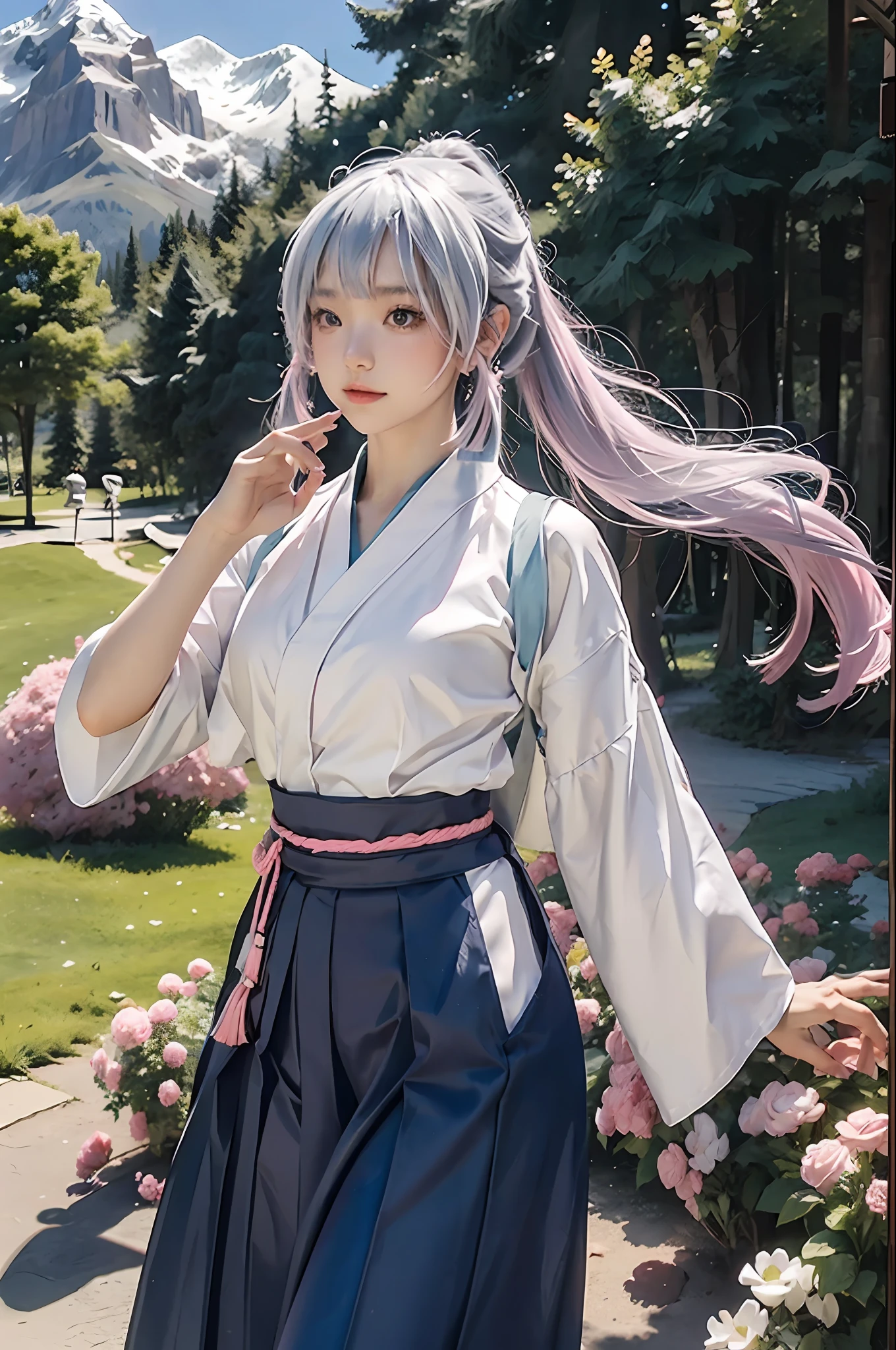 Ayaka_KendoUniform, 1 sweet girl, Cowboy shot, White long hair, pony tails, pink hairband, bangs, White shirt, blue long hakama skirt, KON, full body, Outdoors, park, Lake, Lawn, Mountains, Flowers, Sunshine