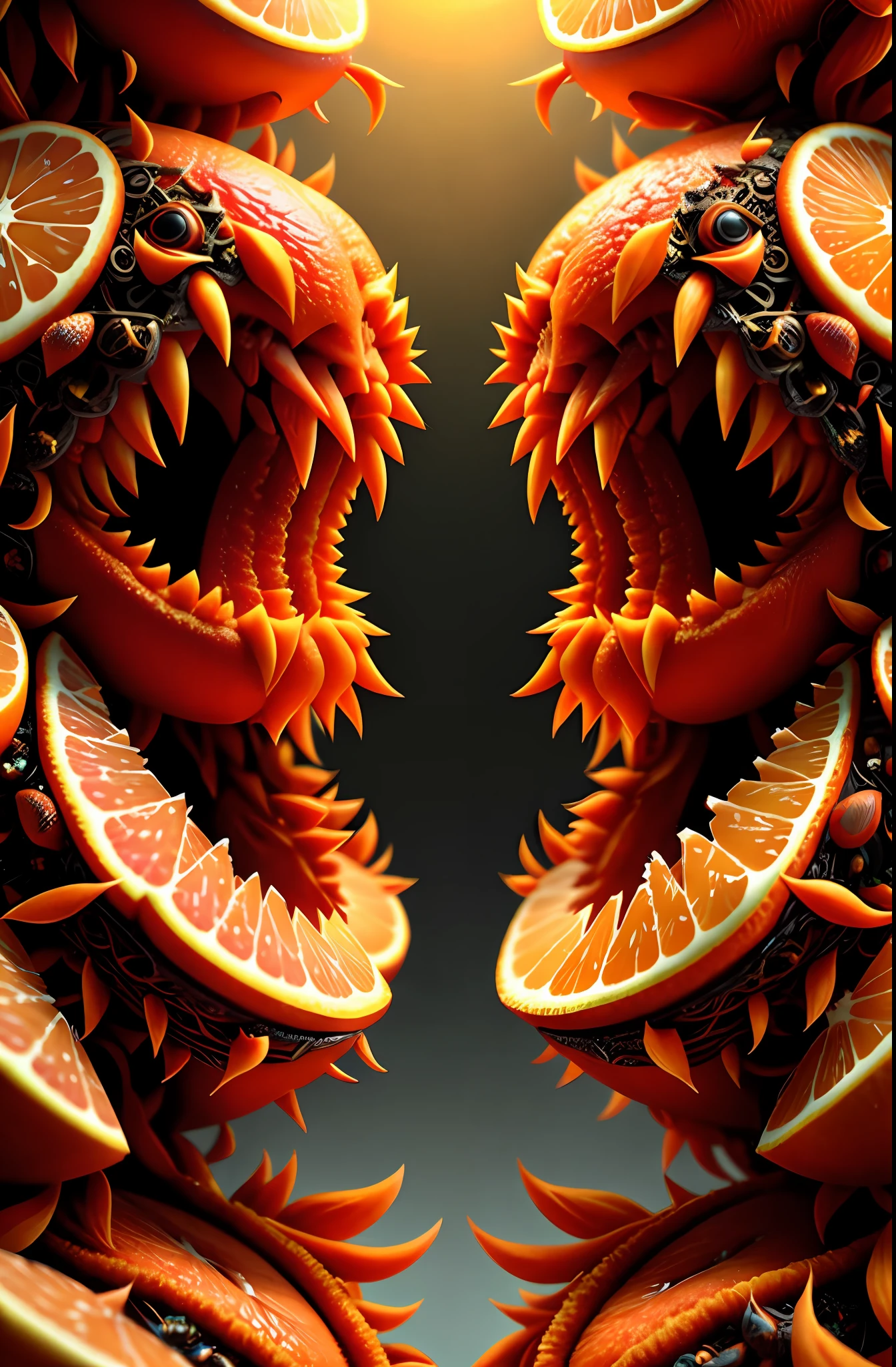 symmetrical fruitynightmare orange, octane render, unreal engine, highly detailed, intricate