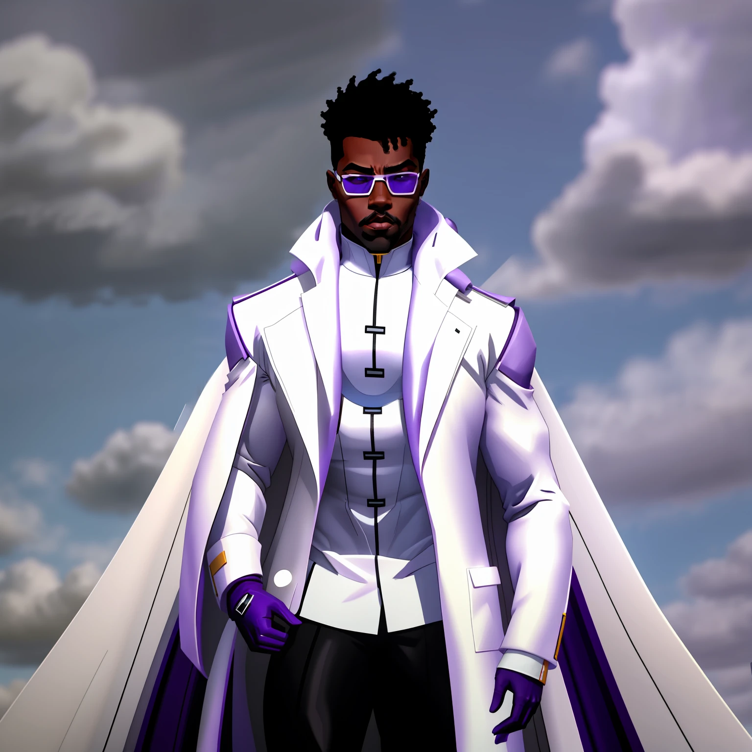 Black superhero in the middle of the city, wearing a white suit with a white lab coat and black pants and purple gloves, wearing a purple visor glasses, inspirado no Michael B Jordan, cool hero, poderoso, psychic, graves, nervoso, personagem 2d, estilo quadrinhos