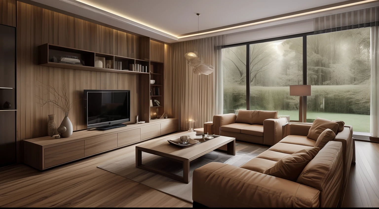 (( masterpiece)) (( ultral realistic)) (( sharp forcus)) (( high detail)) livingroom in minimalist style , wallpaper decor, wooden floor, glass window , fabric sofa,