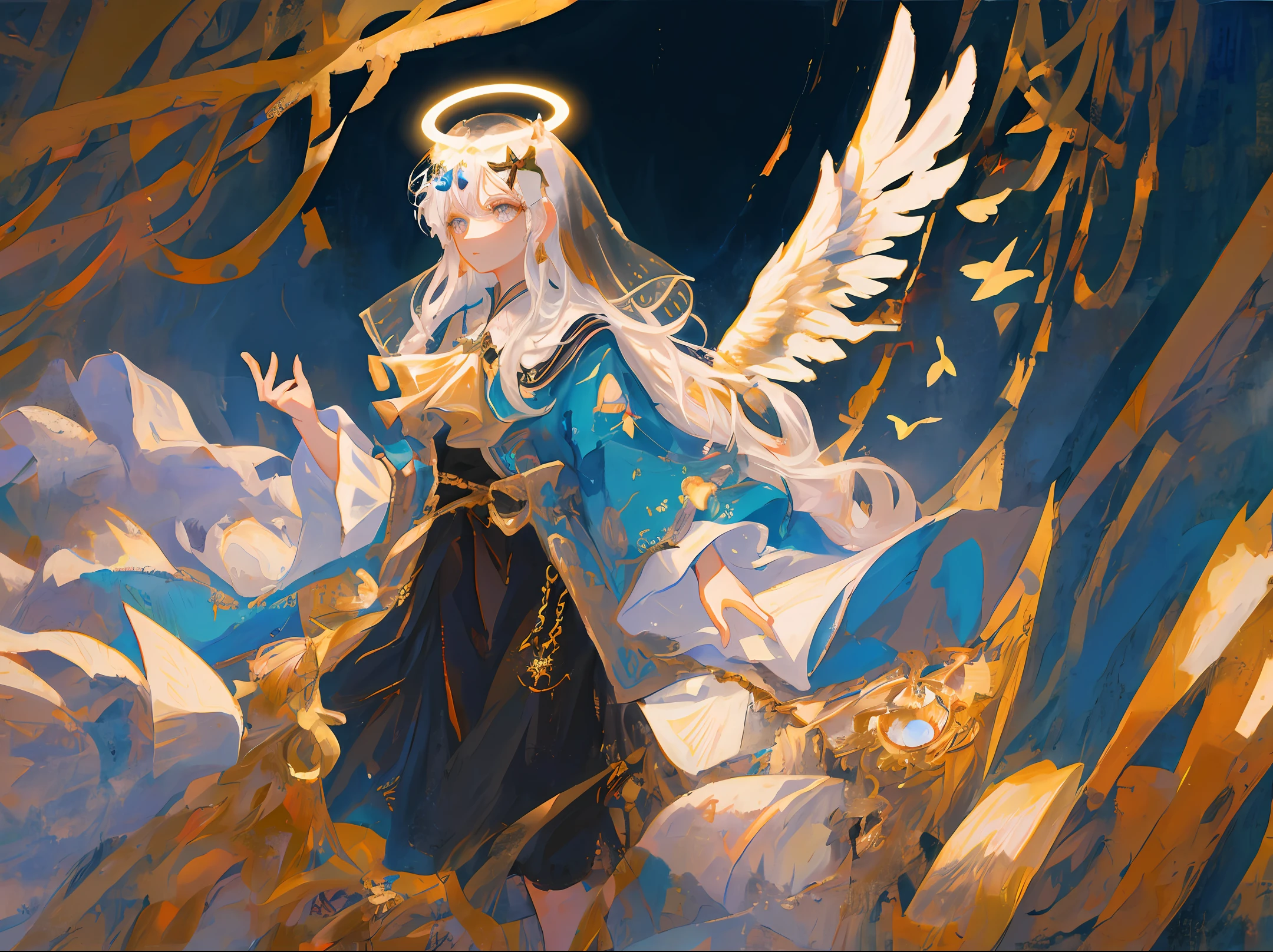 1girl, solo, wallpaper, best quality, masterpiece, oil painting \(medium\),heaven,long hair,white hair,angel,wings,floating island,detail background, (Master's work),(Detailed eye description),(Detailed face description),colorful,hair ornament,halo,veil