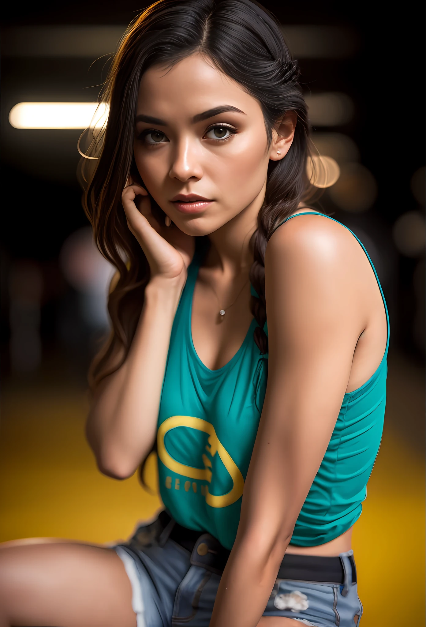 ((linda mulher de pele clara)), (cabelo (((liso))) stuck in the braid on the side), in basic attire ((camiseta longa e justa)), Camiseta com pequena marca, (shorts apertado,) (coxas a mostra) fotografiarrealista, fotografia, obra-prima, realista, Realismo, renderizado, Alto contraste, digital art photographyrealistic trend in Artstation 8k HD high definition detailed realistic, detalhado, textura da pele, hiper detalhado, Textura realista da pele, armadura, melhor qualidade, ultra high-resolution, (fotografiarrealista: 1.4), alta resolução, detalhado, fotografia crua, sharp re, by Lee Jeffries Nikon D850 Film Stock Photography 4 Kodak Portra 400 Camera Lens F1.6 rich colors realistic texture hyper realistic dramatic lighting unrealengine trending on artstation cinestill 800, ......RAW