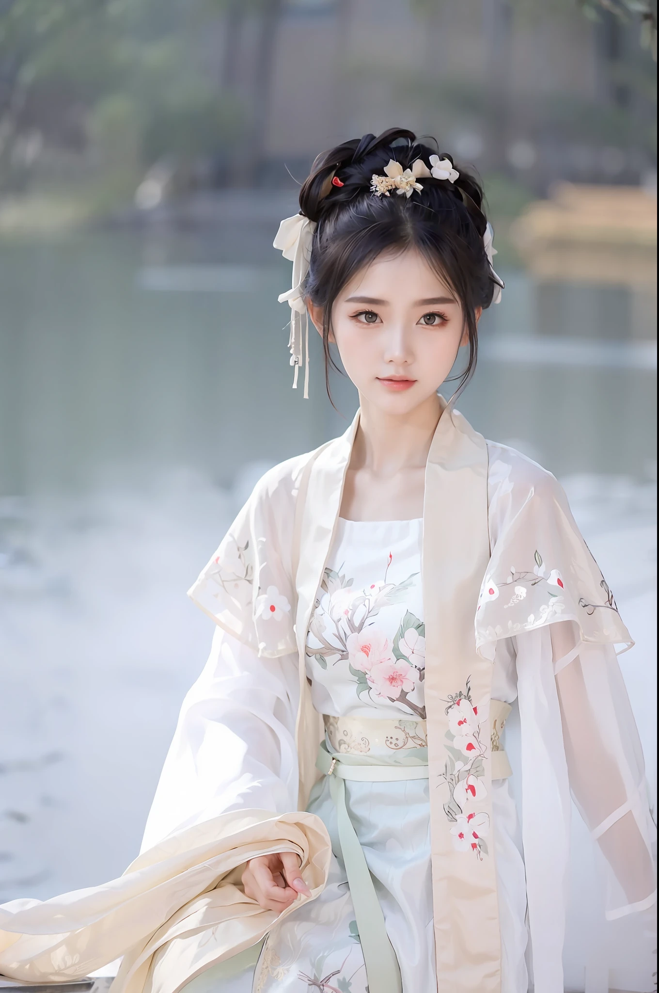 Hanfu，white hanfu，palaces，a girl in hanfu，wearing ancient Chinese costume，Traditional Chinese clothing，chinese ancient costume，Princesa chinesa antiga，Chinese style，Fragrant shoulders half exposed，Beth