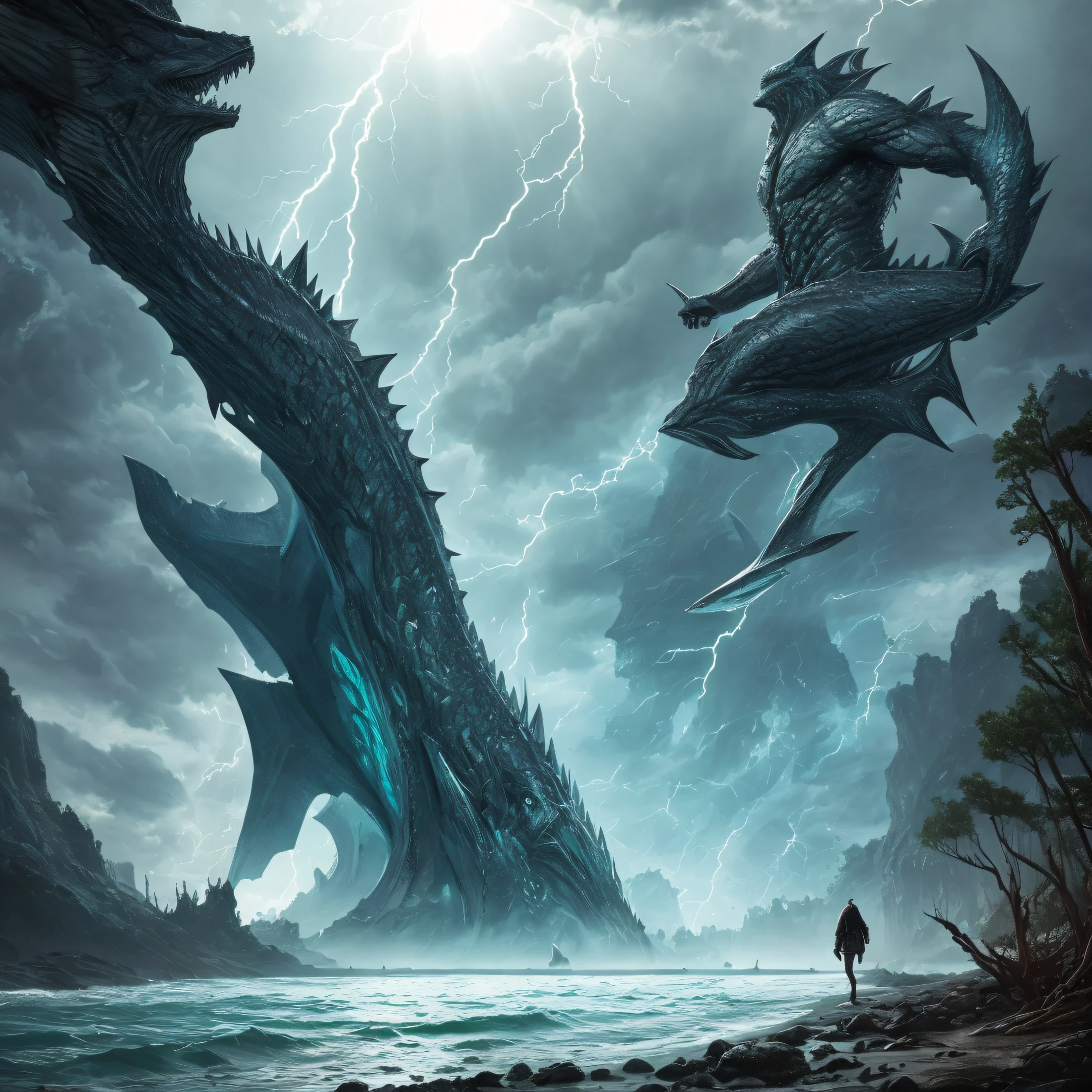 shoreline,fantasy,thunderstorm,ogre, fish's heads,Humanoid body,emaciated,Bent, Pointy dorsal fin,darkly,thriller,strange,Fantastical colors,Monster,terroral，Trance --auto