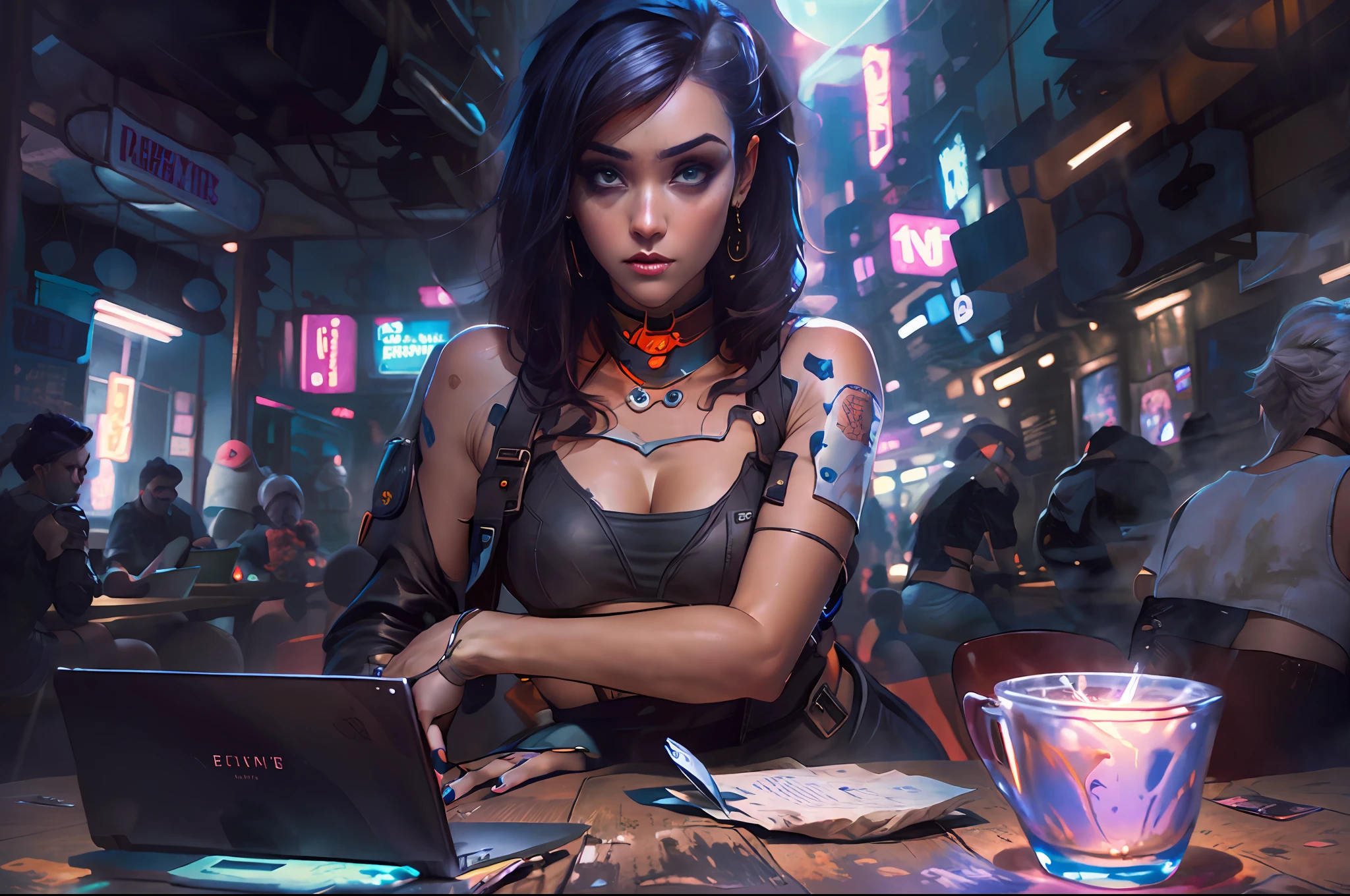 dark mood, Elegant girl brazilian brunette in urban outfit in coffee shop, looking straight at camera, working on laptop, cute fine face, rounded eyes, digital painting, fan art, pixiv, by ilya kuvshinov, katsuhiro otomo ghost-in-the-shell, magali villeneuve, artgerm, jeremy lipkin and michael garmash and rob rey slum background from rocinha