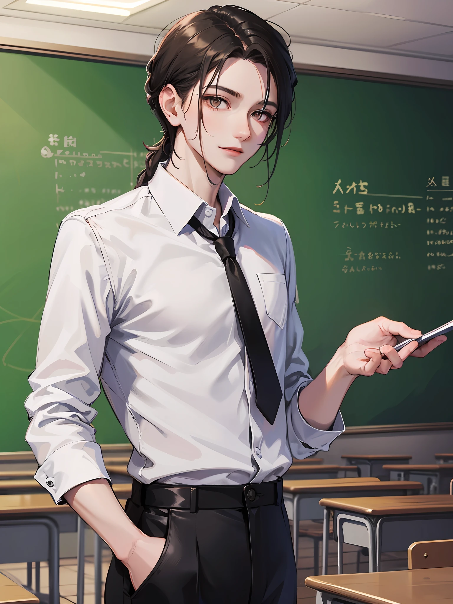 Young male teacher, Dress neatly, Professional clothing, Well organized impression, youthfulenergy, Smooth skin, Bright eyes, Gentle and confident expression, Straight waist, Tall and confident, An air of tenacity and determination, Determined gaze, ssmile, Passion and dedication,Chalk in your hand,blackboards,A group of students sat under the classroom podium,tmasterpiece,Best quality at best,4K,8K,high qulity,A high resolution
