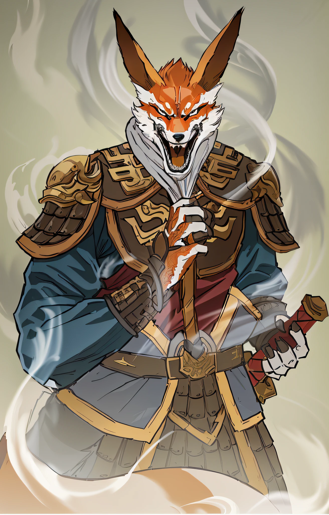 The fox holds a katana，Wear armor，smooggy，The fox demon holding the torch and the Akira of Chinese mythology、son goku、Fox believers fight side by side。The fox believer is armed with a long-handled weapon，Inspired by the works of Naranbato Gambold and Hu Zaobin。