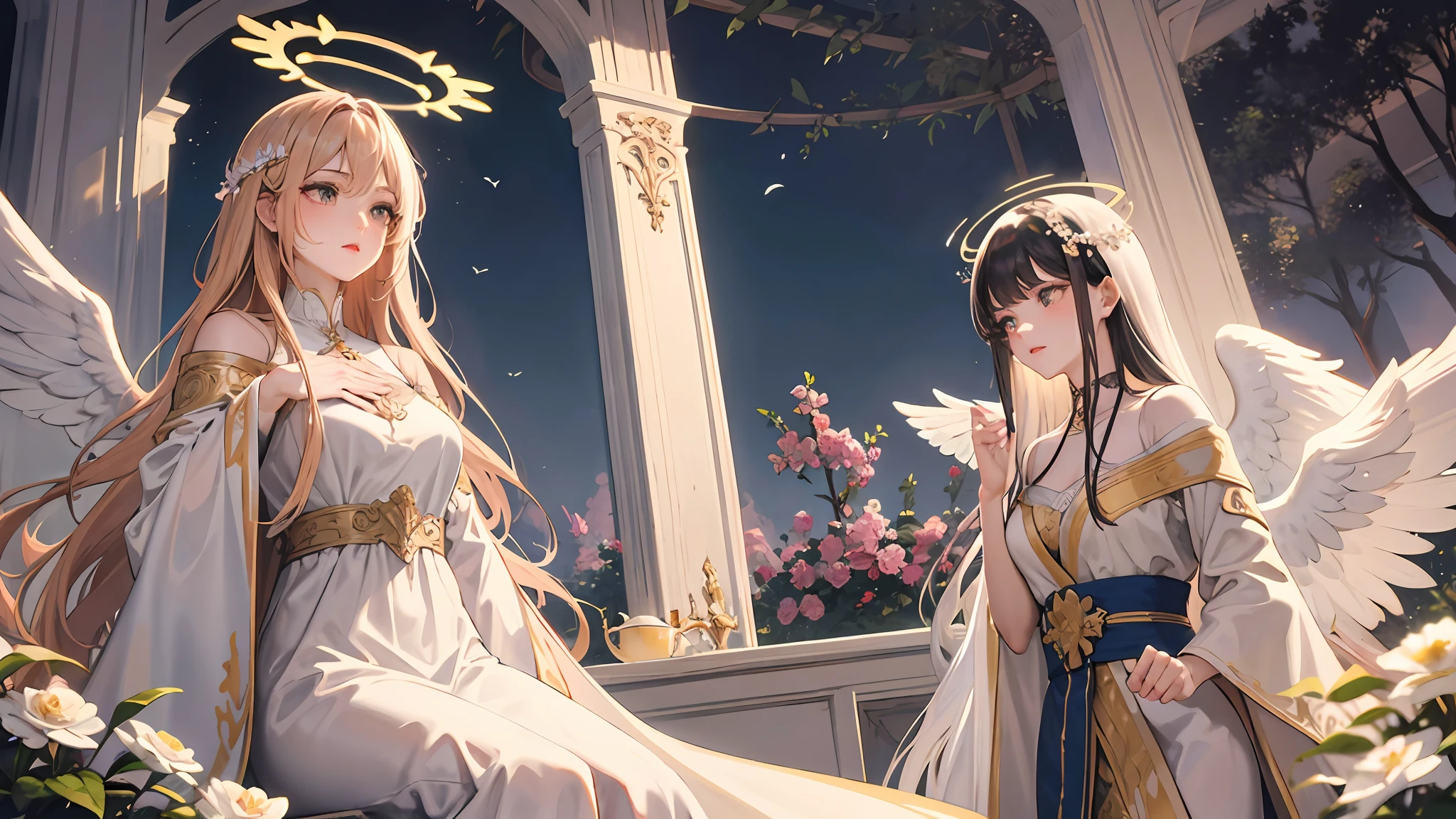 best quality, masterpiece,angelic, ethereal, graceful, heavenly beings, delicate facial features, flowing hair, feathered wings, divine aura, serene expressions, heavenly light, ornate halos, flowing robes, intricate details, soft color palette, pastel hues, blooming flowers, idyllic garden setting, dreamy atmosphere, art nouveau-inspired, elegant lines, decorative elements, subtle textures, romantic mood, divine beauty