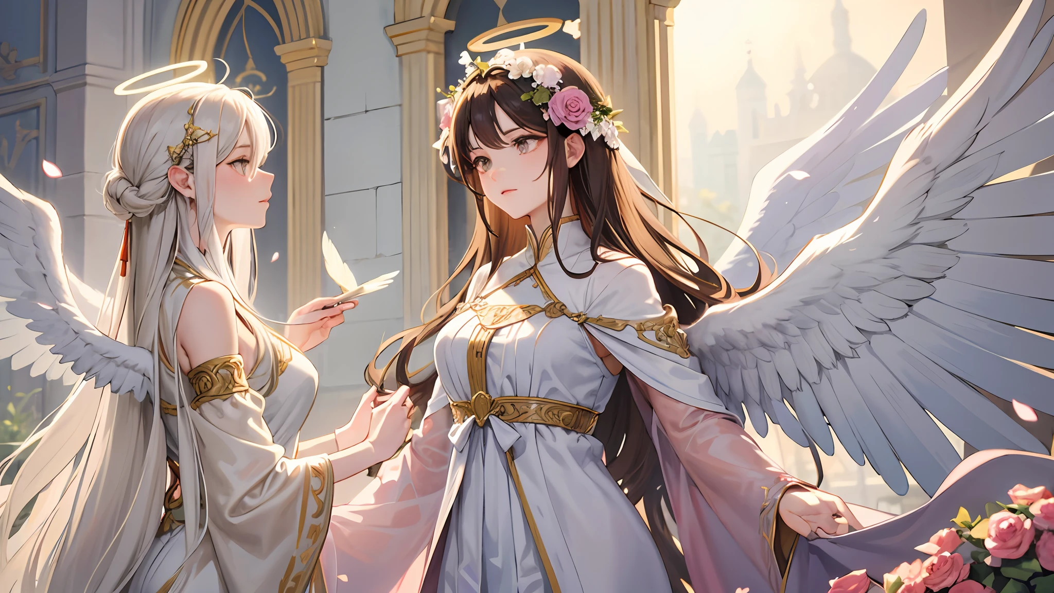 best quality, masterpiece,angelic, ethereal, graceful, heavenly beings, delicate facial features, flowing hair, feathered wings, divine aura, serene expressions, heavenly light, ornate halos, flowing robes, intricate details, soft color palette, pastel hues, blooming flowers, idyllic garden setting, dreamy atmosphere, art nouveau-inspired, elegant lines, decorative elements, subtle textures, romantic mood, divine beauty