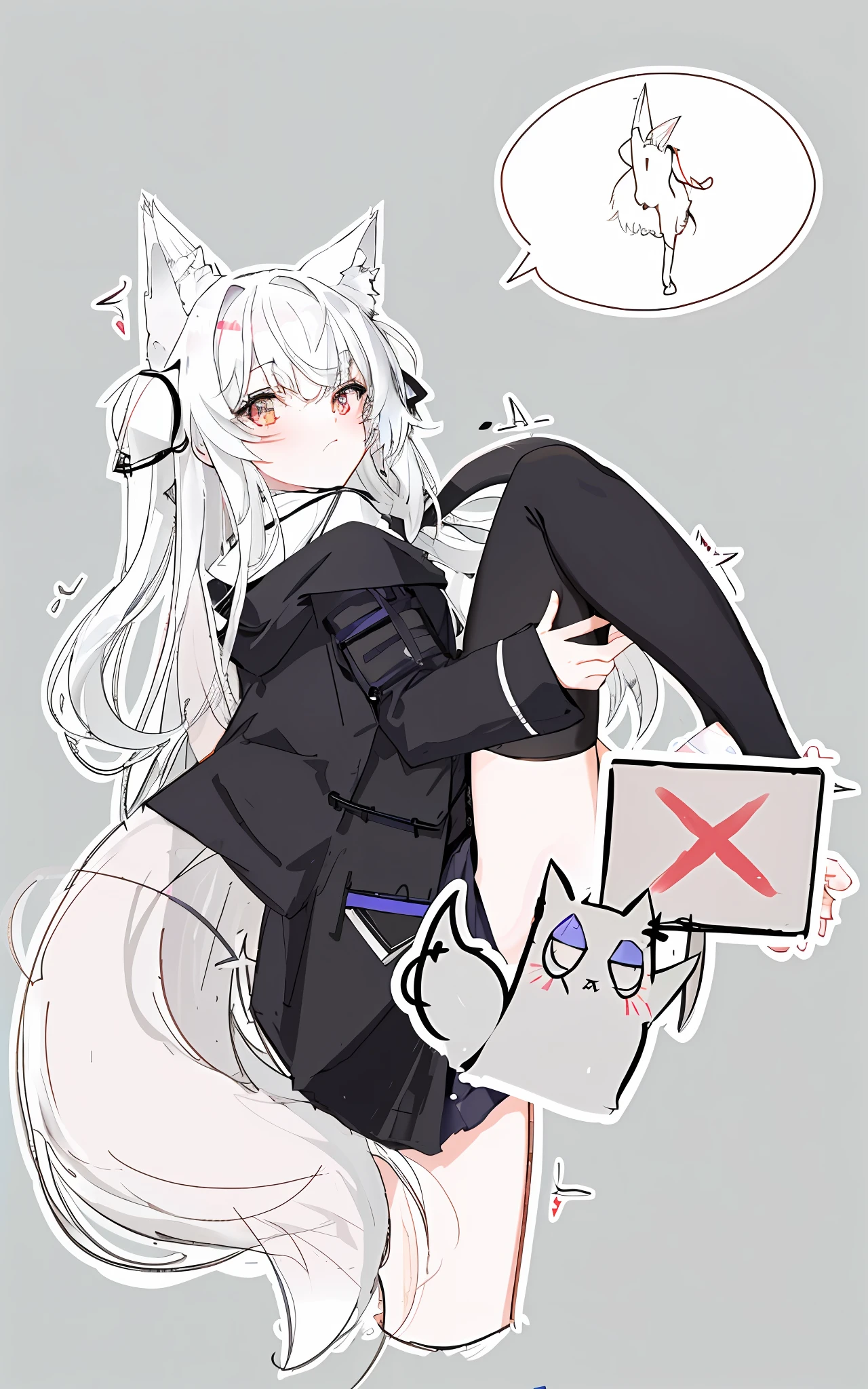 Anime girl wearing a black hat and a logo with a red X, from girls frontline, Holo is a wolf girl, girls frontline style, From the night of the ark, cute anime catgirl, anime catgirl, White-haired fox, holo if a wolf girl, White Cat Girl, nekomimi, with index finger, nyaruko-san, arknight