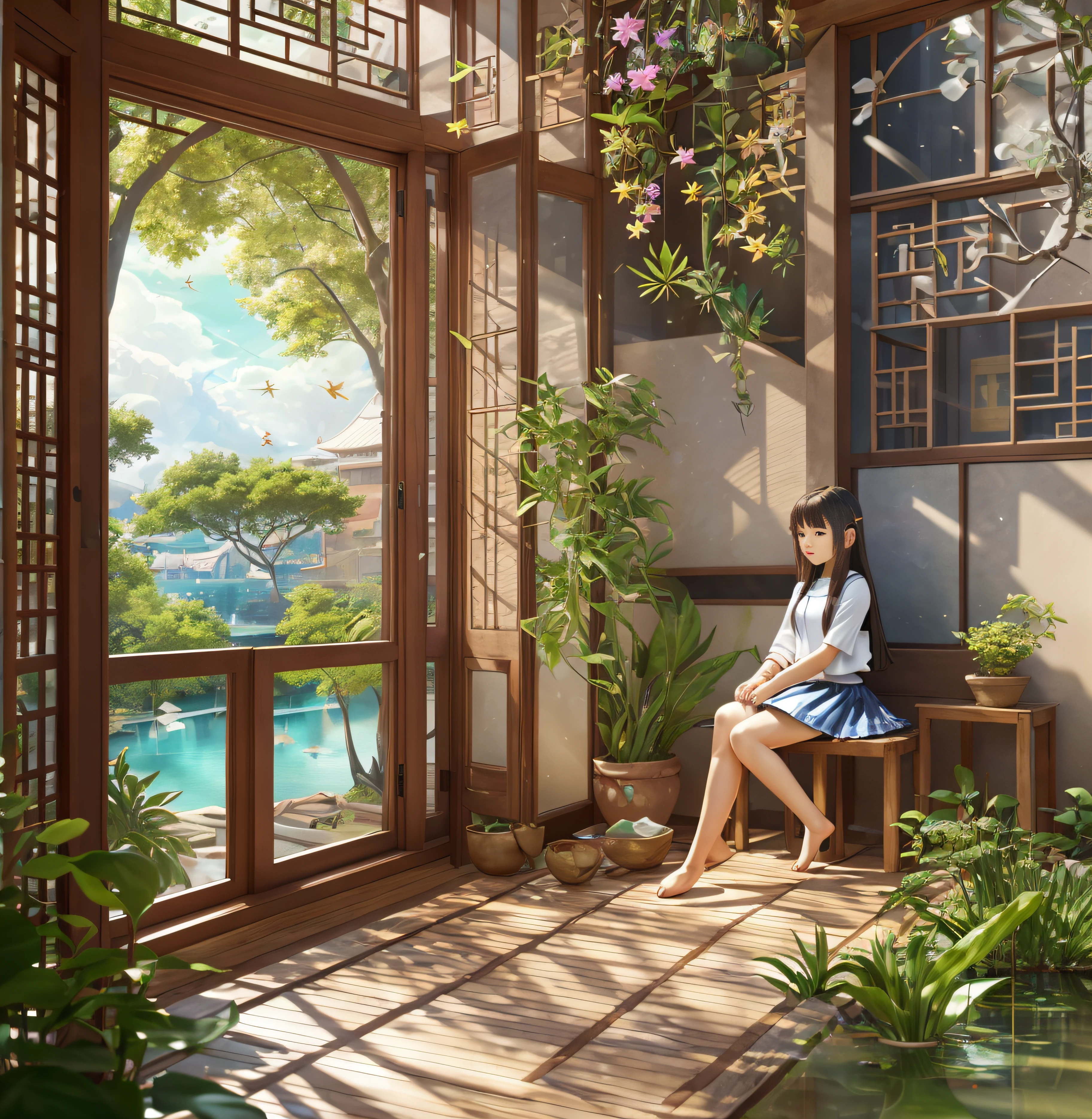 (Best Quality:1.2), 8K,absurderes,Unity 8K Wall Papper,(Extremely detailed:1.3),highest grade, (1girl in:1.2),Sitting, oud_Chinese_Indoors,(window:1.3),Indoors,(courtyard:1.3),Sunlight,Painting (Objects), tree,plant,See-through,(Tree outside the window々:1.2),(semi transparent:1.2),,Hanfu,wood floor, Water,lake,lotuses, myst,Trees, (Barefoot:1.2), Casting spells while suspended in mid-air, (a celestial compass guiding her path), Mystical and wondrous, BREAK Utilizing a wide-angle lens to capture the expansive sky, Adding a touch of lens flare, a hyperrealistic schoolgirl,