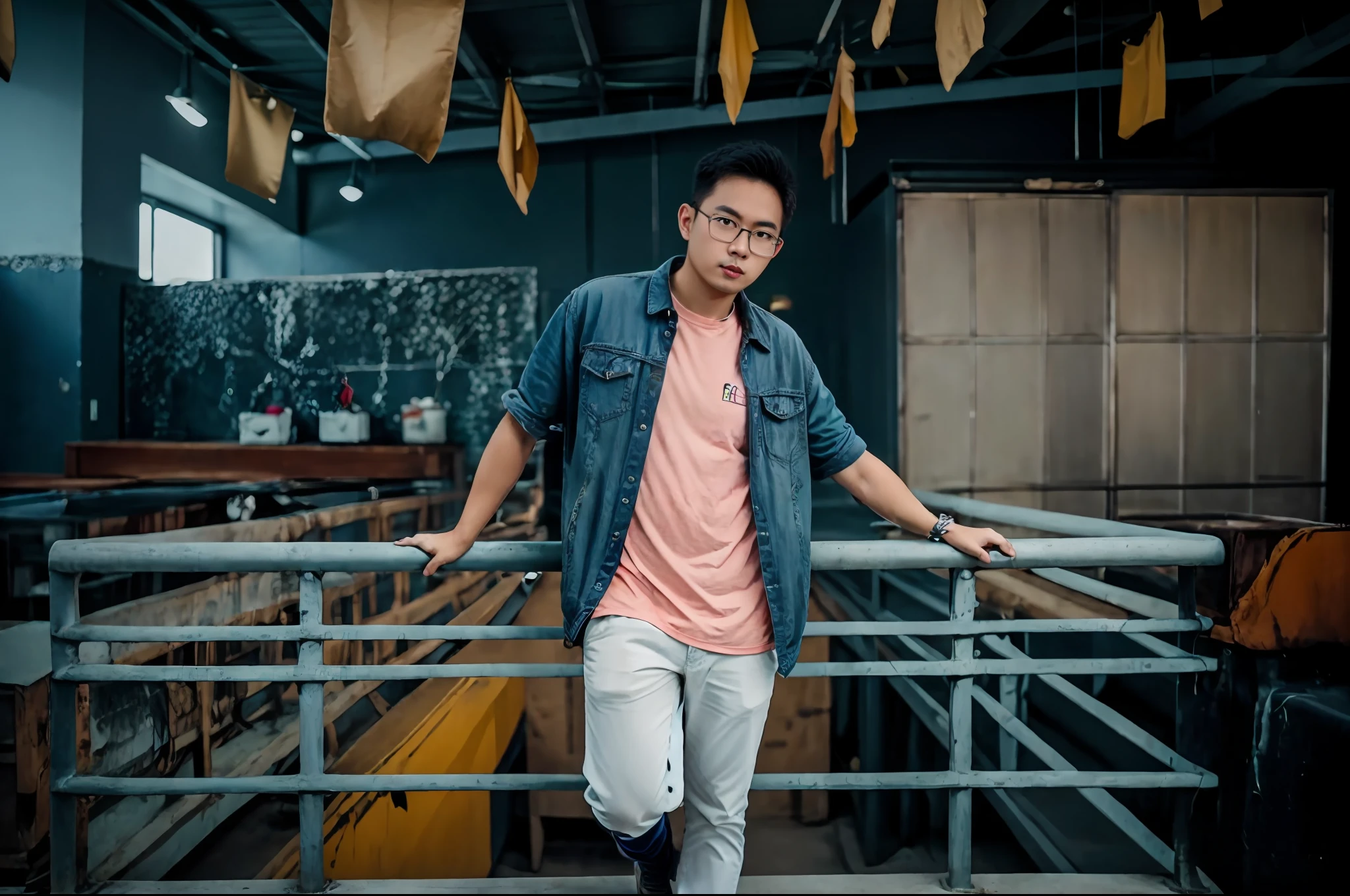 there is a man standing on a metal railing in a room, mid shot portrait, casual photography, full body photogenic shot, shot on canon eos r5, shot on canon eos r 5, shot on nikon z9, shot on sony a 7, shot on sony a 7 iii, by Basuki Abdullah, photo portrait, inspired by Reuben Tam, photoshoot
