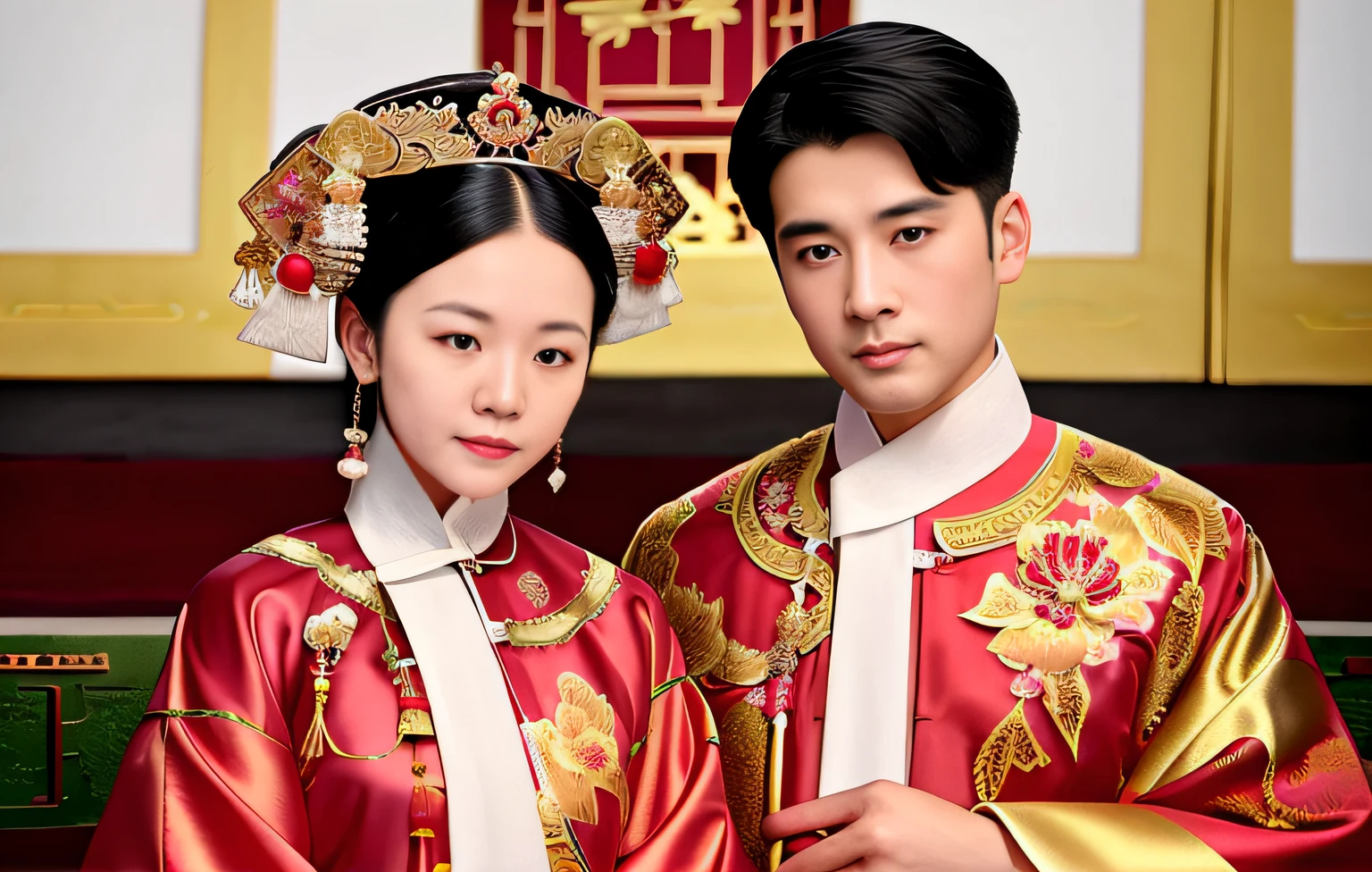 Araved image of man and woman in traditional Chinese clothing, Traditional Chinese clothing, Wearing ancient Chinese clothes, Hanfu, Inspired by Guo Xi, Chinese traditional, wearing ornate silk clothes, with acient chinese clothes, wearing gilded red royal robes, Ruan Jia and Fenghua Zhong, wearing gilded red robes, Qing dynasty, shaxi