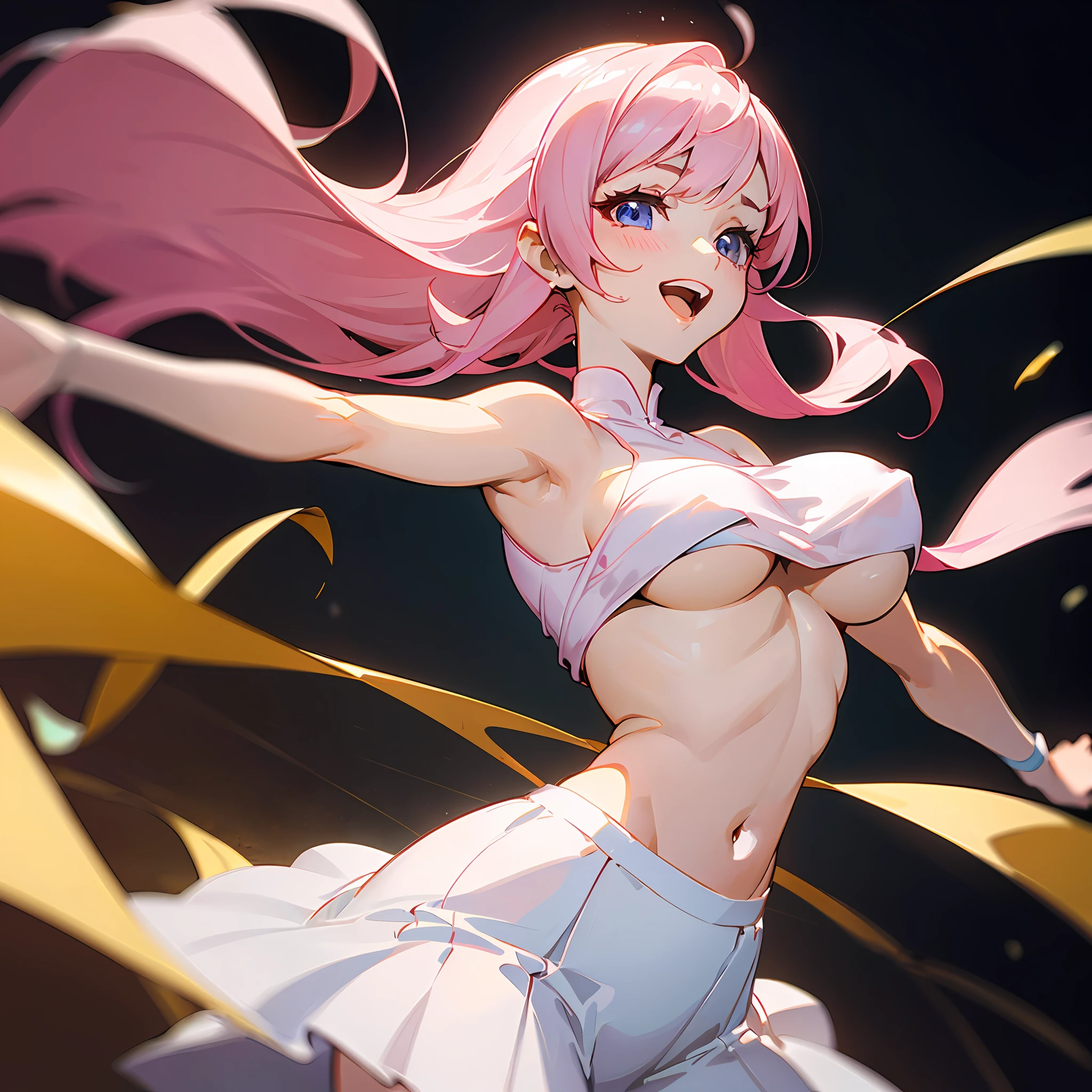 Anime girl with pink hair and blue eyes in a white dress, expressing joy. by Krenz Cushart, Kushatt Krenz Key Art Women, seductive anime girls, Best anime 4k konachan wallpaper, Smooth anime CG art, trending on artstation pixiv, Detailed digital anime art, [ 4 K digital art ]!!, Digital anime art