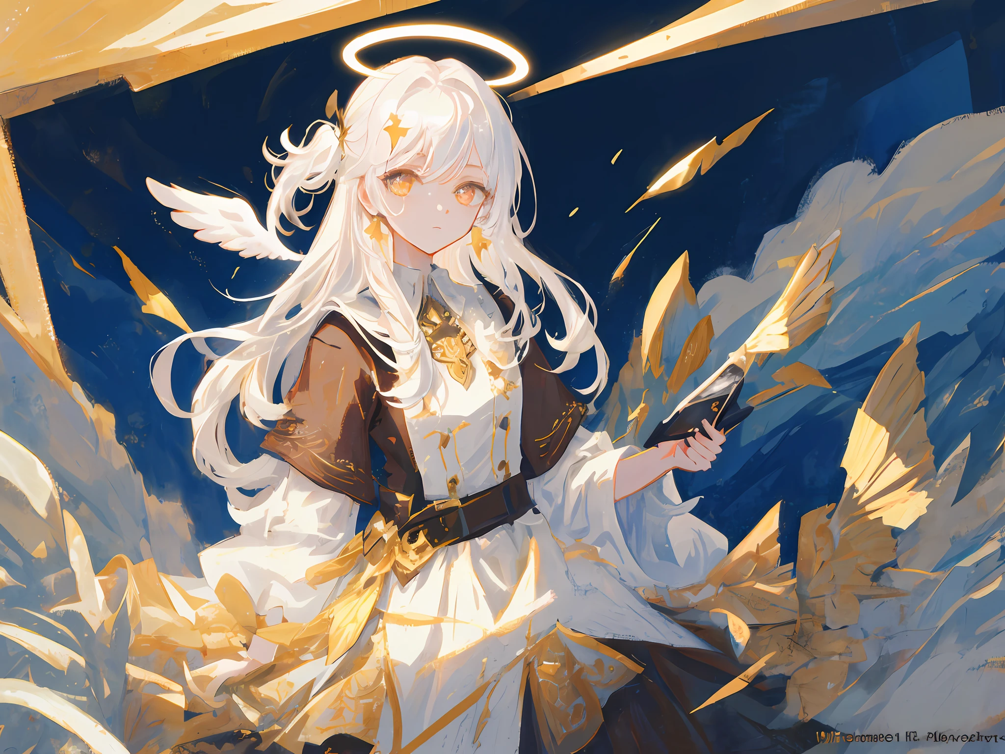 Masterpiece, Best quality, Ultra-detailed, illustration, Close-up, straight on, Face focus, 1girll, White hair, Golden eyes, Long hair, Halo, Angel wings, Serene expression, view the viewer