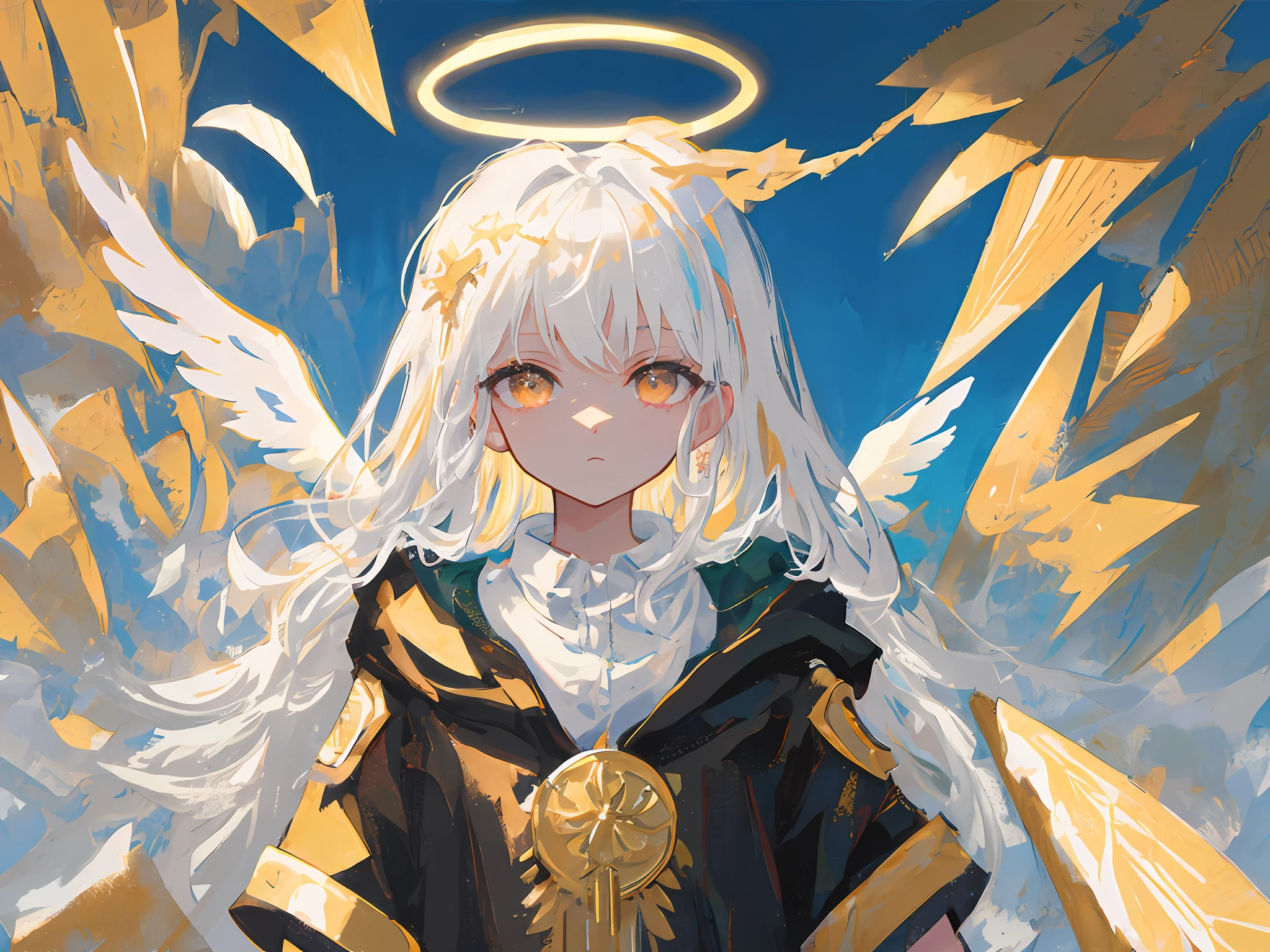 Masterpiece, Best quality, Ultra-detailed, illustration, Close-up, straight on, Face focus, 1girll, White hair, Golden eyes, Long hair, Halo, Angel wings, Serene expression, view the viewer