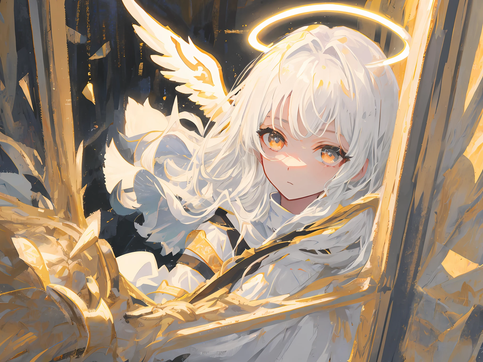 Masterpiece, Best quality, Ultra-detailed, illustration, Close-up, straight on, Face focus, 1girll, White hair, Golden eyes, Long hair, Halo, Angel wings, Serene expression, view the viewer