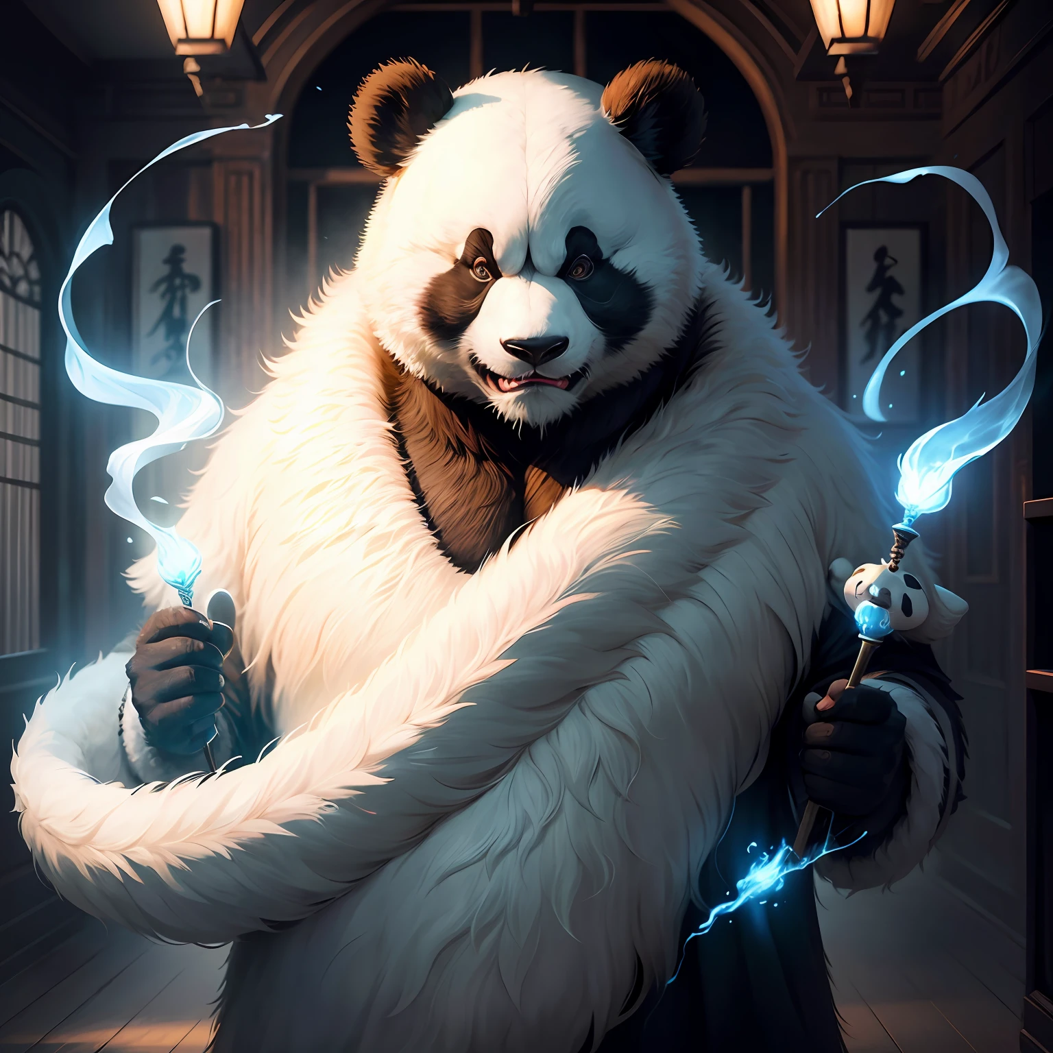 hall,Panda Man(The picture ratio is 3/4),mages,Light and fog surround,Chanting spells --auto