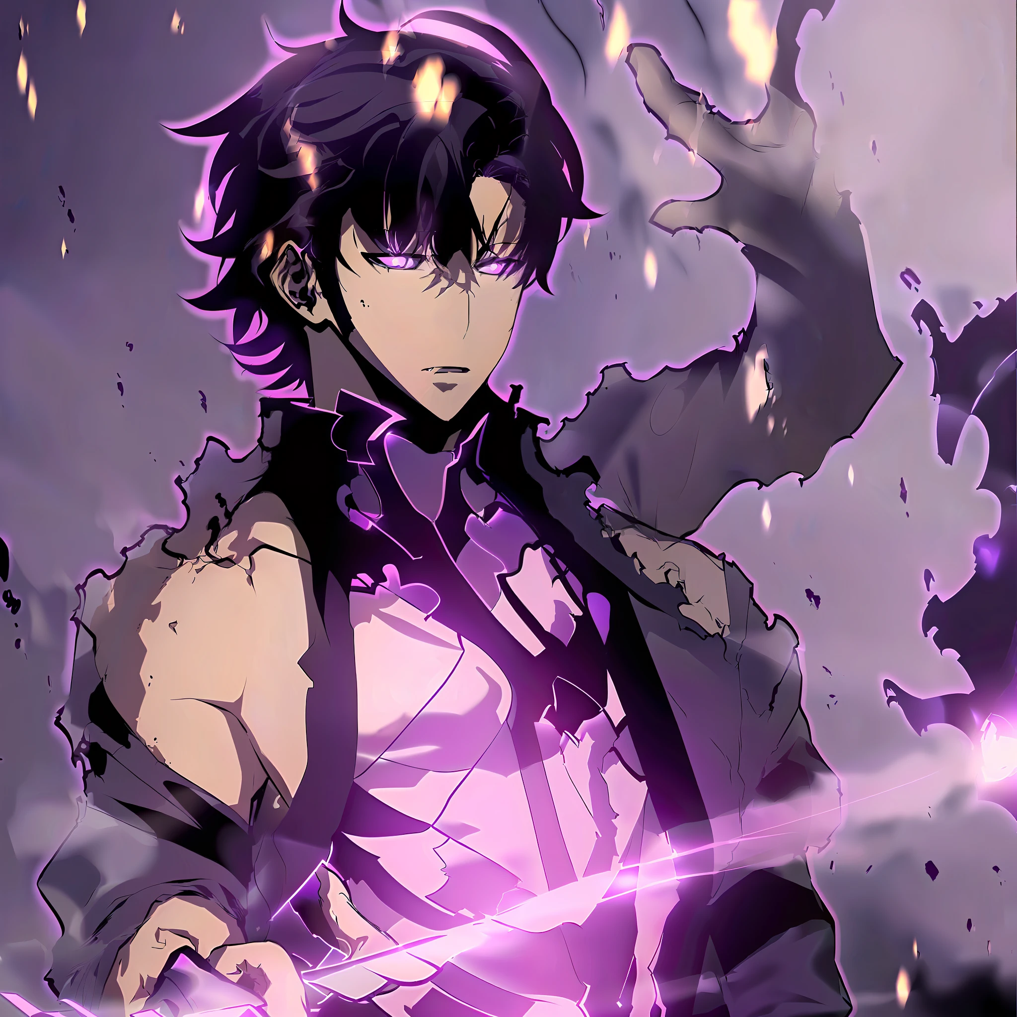 1girl,solo leveling, sung jinwoo,1man, highres,high quality,realistic, masterpiece,has a purple aura outside his clothes, wearing a black costume, black hair, angry ,badas, perfect fingers,face to face