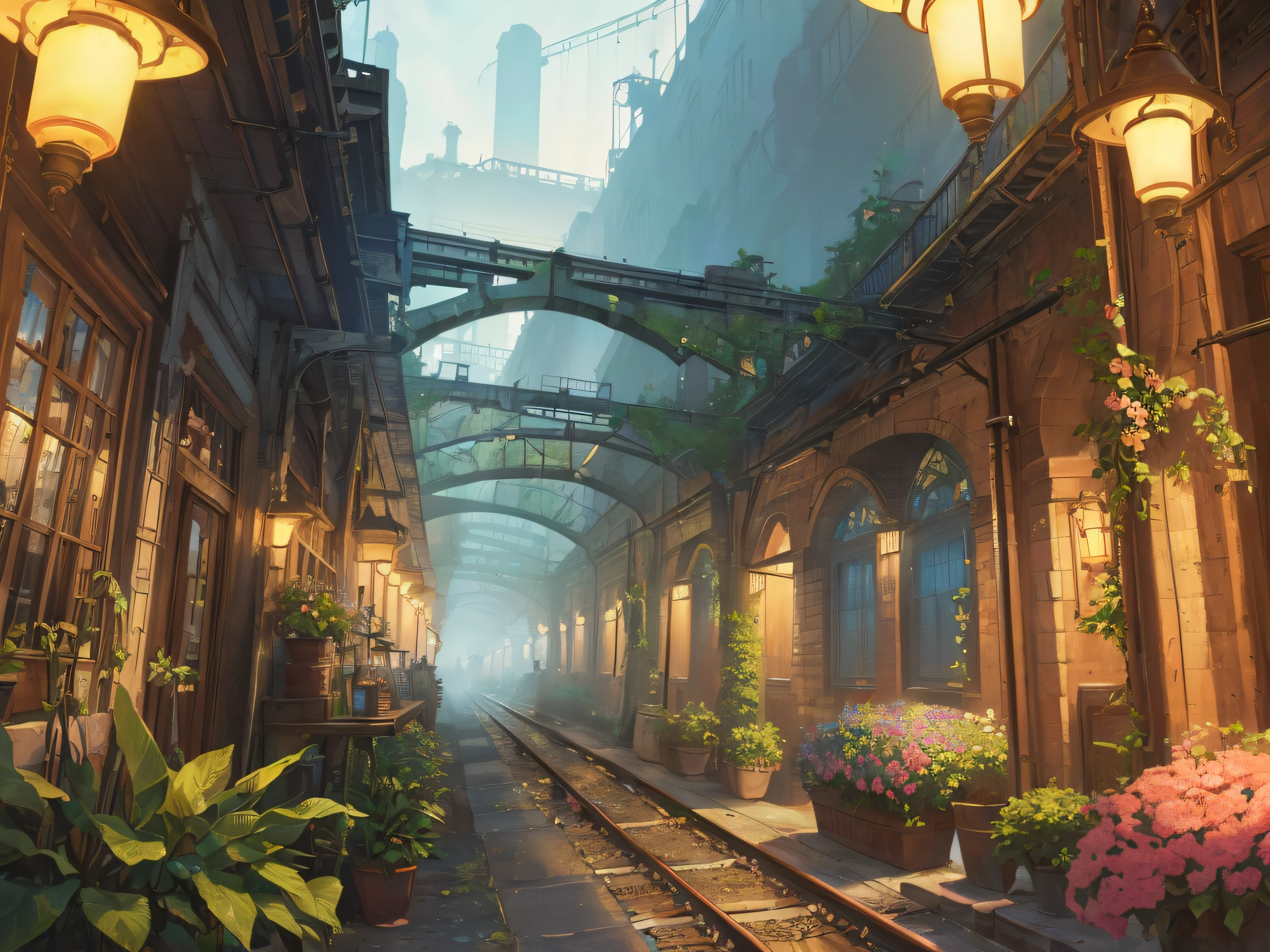 a color (Fantasy: 1.2), (Early 19th century style), ((underground)) ((A city on the water)), houses in the style of the early 19th century, (industrial revolution), (((factories of the factory))), Plants, Work, arches, Column, grandeur, Plants, lanterns, Sateen, crowd, dressed in the style of the Industrial Revolution, bridges, ((train)), ((Railways)) Floral decorations, Lights, ConceptArt, Artstation contest winner, Fantasy art, by Ross Tran, light shafts, Realistic lighting, tmasterpiece, hiquality, Beautiful graphics, higly detailed, tmasterpiece, hiquality, Beautiful graphics, higly detailed, low key light, gloomy atmosphere, smoke from chimneys, ((darkly)) --v6