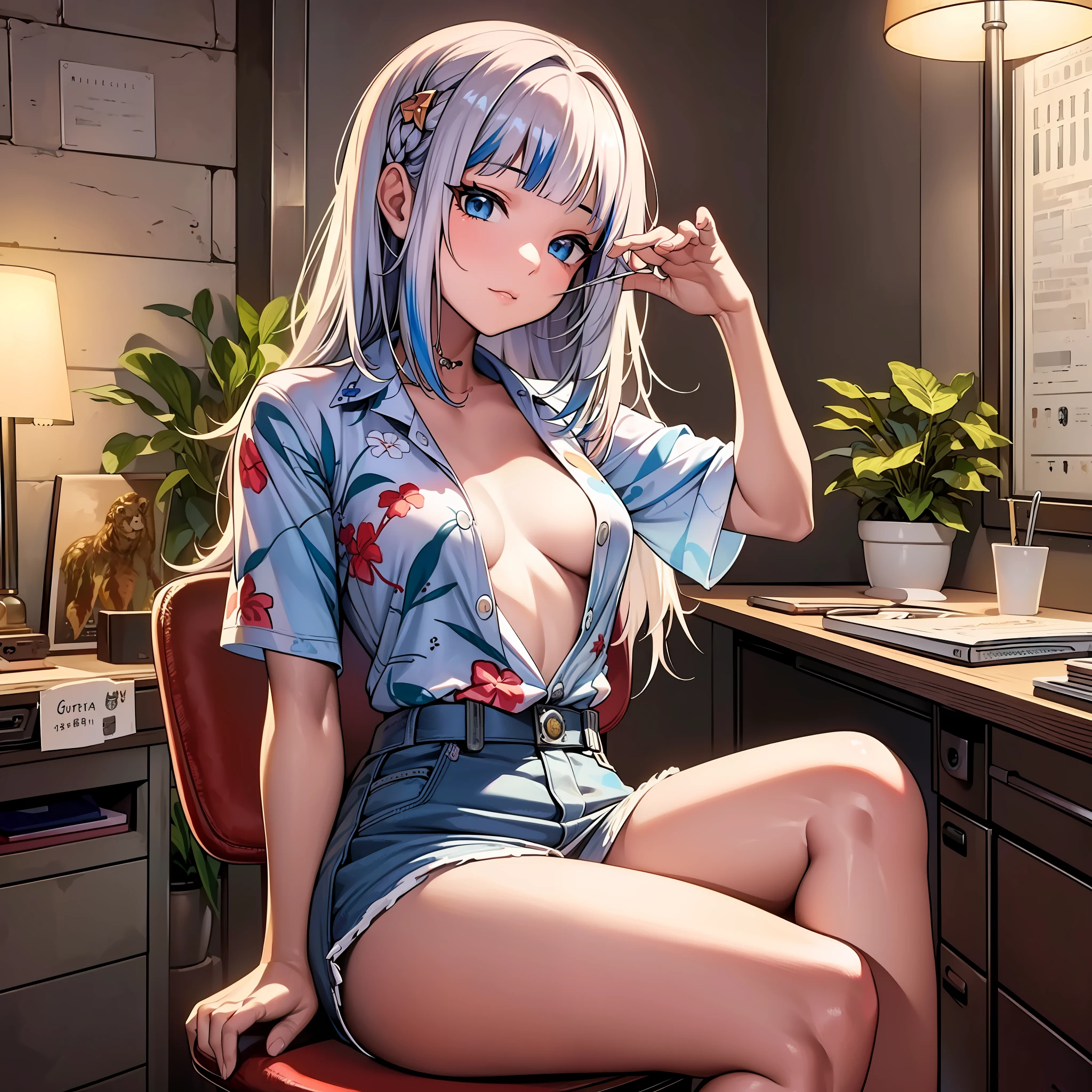 (masterpiece, top quality, best quality, official art, beautiful and aesthetic:1.2), (1girl), extreme detailed, (Gawr Gura:1.2), Long hair, (Hawaiian shirt, small breasts,:1.1), Desk, Office chair, sitting, (Cocaine bricks on the desk:1.1), Table lamp, Safebox