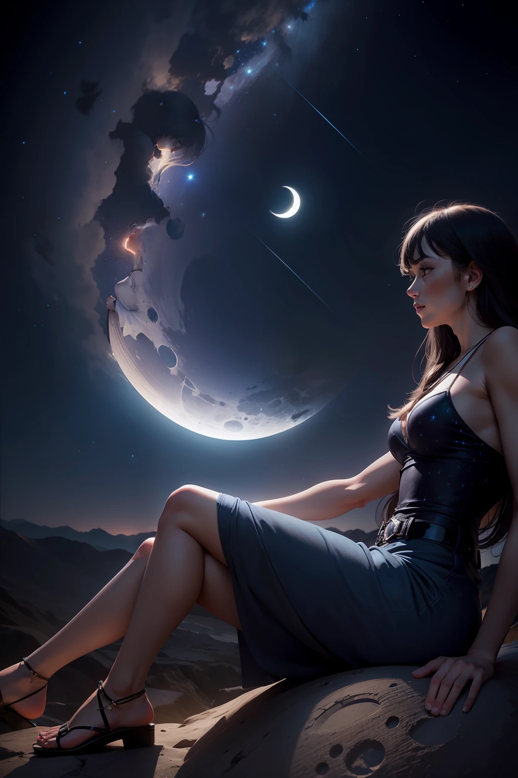 woman straddling a quarter moon, stars in a beautiful night sky, the image is to be generated with a high-resolution 16k, using a virtual 85mm lens, with a focus on sharpness and depth-of-field --auto