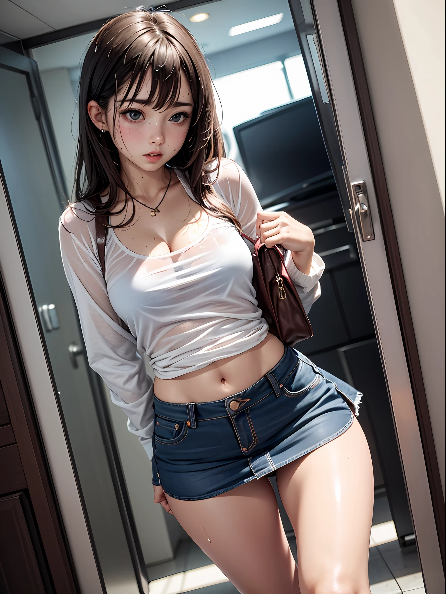Super Nasty Adult Woman、Ultra mini skirt、No bra、Drenched thin panties sticking out、embarrassed from、Thigh opening