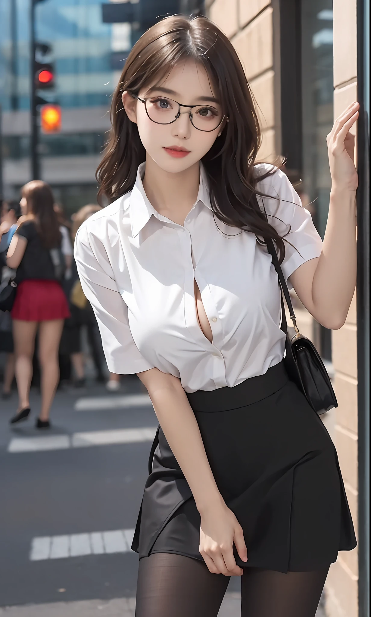 ulzzang-6500-v1.1, (raw photo:1.2), (photorealistic:1.4), beautiful detailed girl, very detailed eyes and face, beautiful detailed eyes, ridiculous, incredibly ridiculous, huge file size, super detailed, high resolution, very detailed, best quality, masterpiece, ((fashion clothing with diverse colors)), illustration, very detailed, CG, unified, 8k wallpaper, amazing, fine detail, masterpiece ,best quality, very detailed CG uniform 8k wallpaper, light on face, movie lighting, 1girl, s old, long white hair, side splits, (big breasts), (no panties)), (glasses), ((dynamic pose))), ((sexy pose))), (camel toe), (half), (pantyhose)), ((black hip skirt))