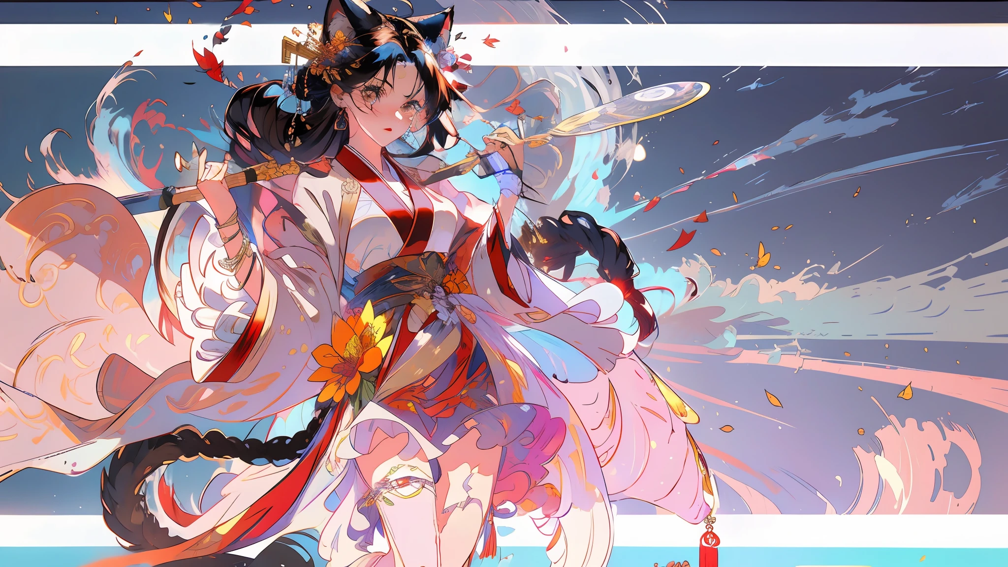 Exquisite facial features,Nice face,best qualtiy,tmasterpiece,ultra - detailed,Maple leaves fall,starlight embellishment,one-girl, Ancient Chinese clothing,National style background,Cat-cat anthropomorphism,bell,brunette color hair,Cat ears,cat paws,a cat tail,butterflys,The barefoot,独奏,hair adornments,sitted,Hanfu,Hanfu,Anklets,leafs,the fruits,jewelry,White background,longer sleeves,simplebackground,food,grapes, full bodyesbian, single hair bun,, hair stick, Wide sleeves, hair-bun, ssmile, intersection, looking at viewert, long whitr hair, Keep your mouth shut, putting hand up, florals, Take the leaves, A piano