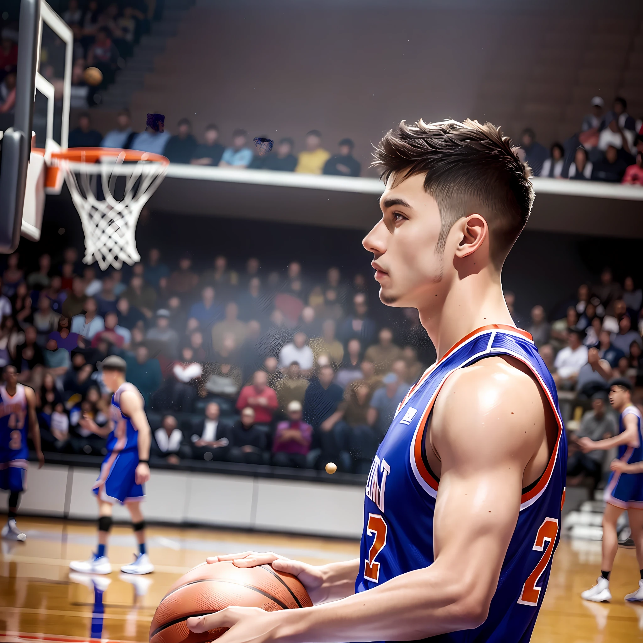 highly detailed,high high quality,tmasterpiece,basketball ball,Wear a basketball_uniform,Basket infield,the sideview,male people,Handsome