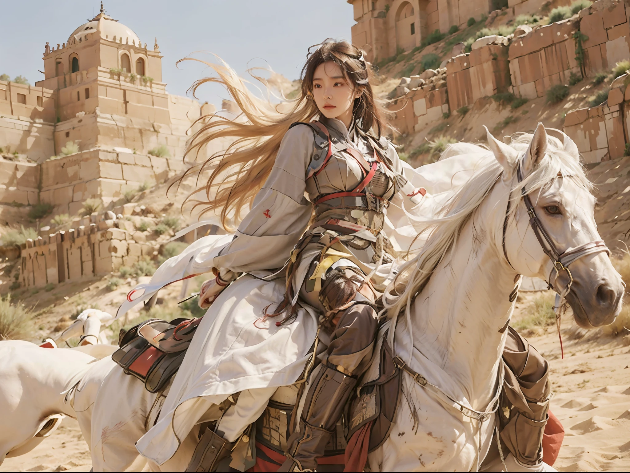 1girll，Riding a tall white horse， He wears a fan on his head，cloaks， Wielding an ancient Chinese sword，A desert， Desert, Ancient Chinese fortress background, castle wall, （strong winds：1.5），Ultra-detailed face and eyes，16k，realisticlying，best qualtiy，Bokeh，softlighting，Natural lighting，