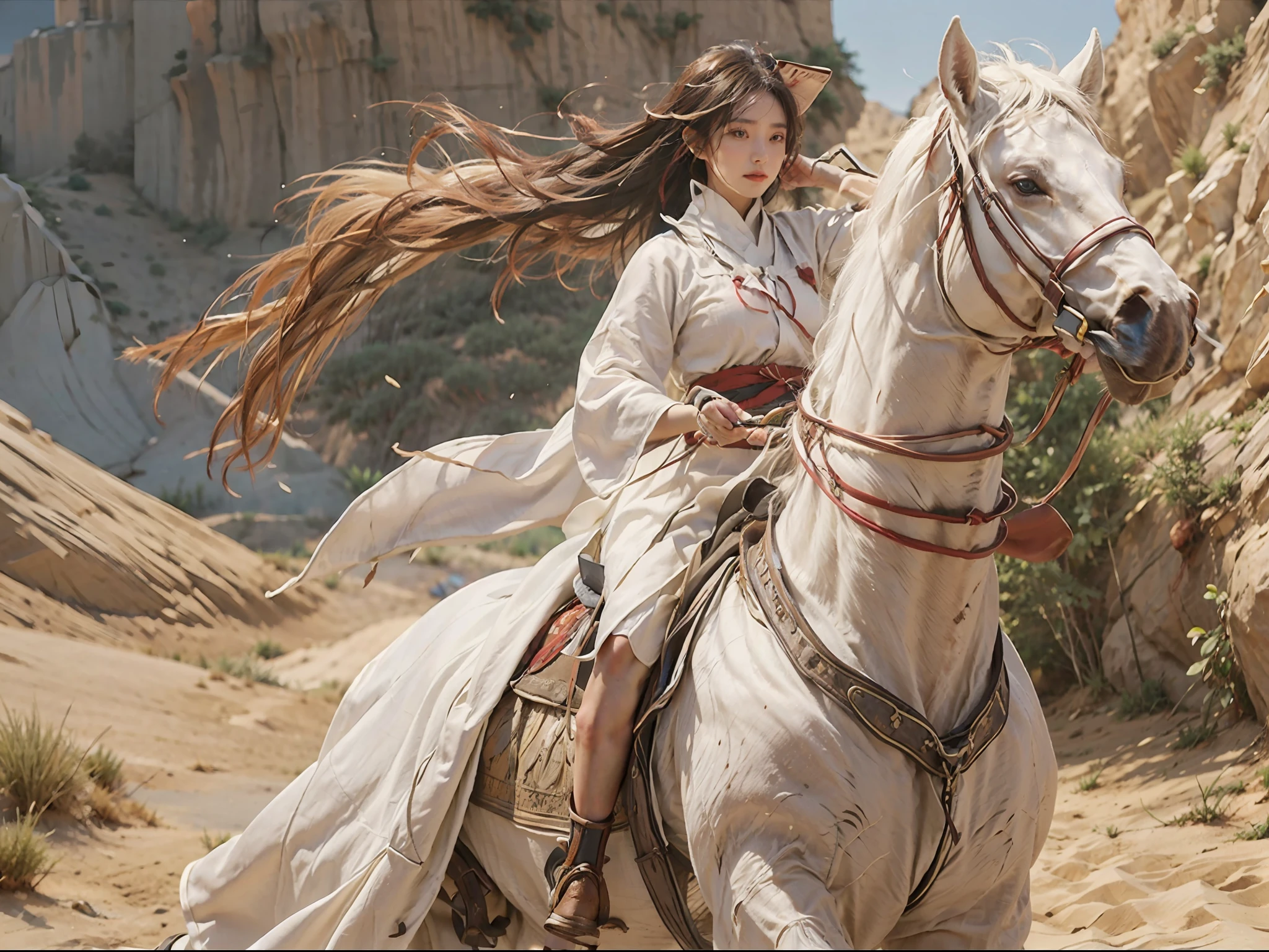 1girll，Riding a tall white horse， He wears a fan on his head，cloaks， Wielding an ancient Chinese sword，A desert， Desert, Ancient Chinese fortress background, castle wall, （strong winds：1.5），Ultra-detailed face and eyes，16k，realisticlying，best qualtiy，Bokeh，softlighting，Natural lighting，