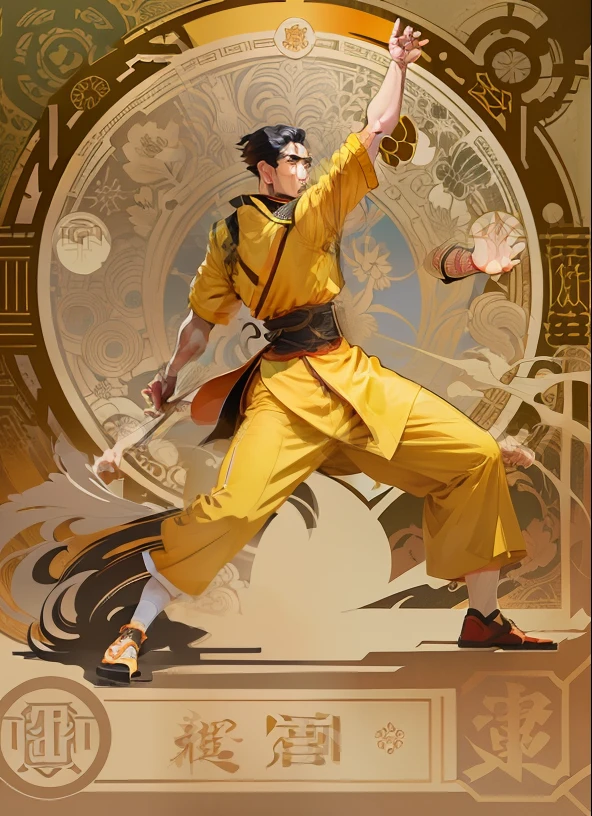 Create an illustration of Wong Fei Hong，Show off his powerful martial arts poses，And capture fine details。Borrowing from Alphonse Mucha in the artwork（Alphonse Mucha）style of，He is known for his decorative and elegant designs。Draw illustrations in vector format，for scalability and clear lines。Use rich and vibrant colors，Enhance the visual impact of your artwork。Design a dynamic poster composition with flowing lines，Add movement and energy to your work --auto